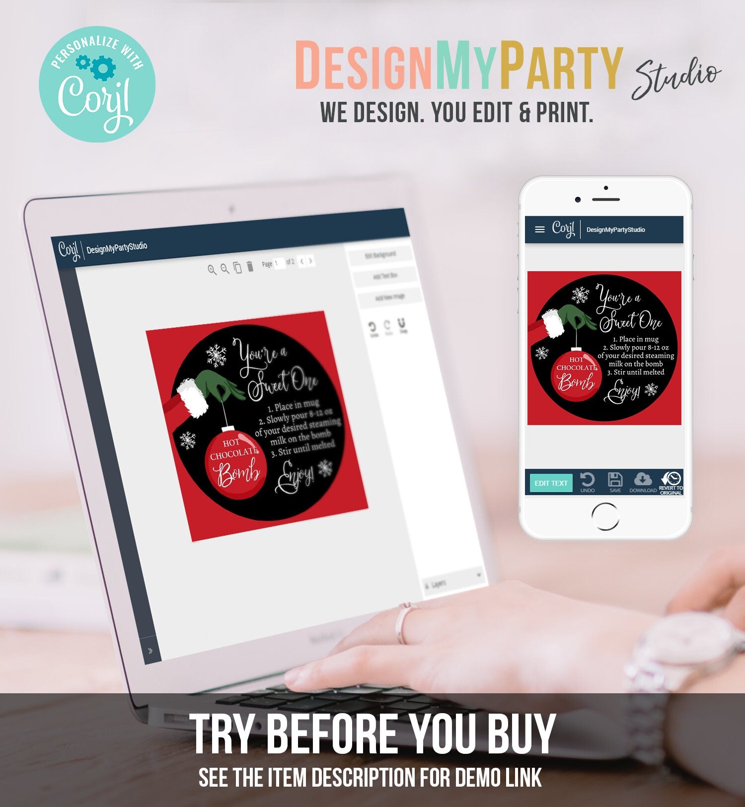 Editable Hot Chocolate Bomb Tags Bomb Instructions Green Red Holiday Favor Tags Winter Christmas You're a Sweet One Digital PRINTABLE 0353