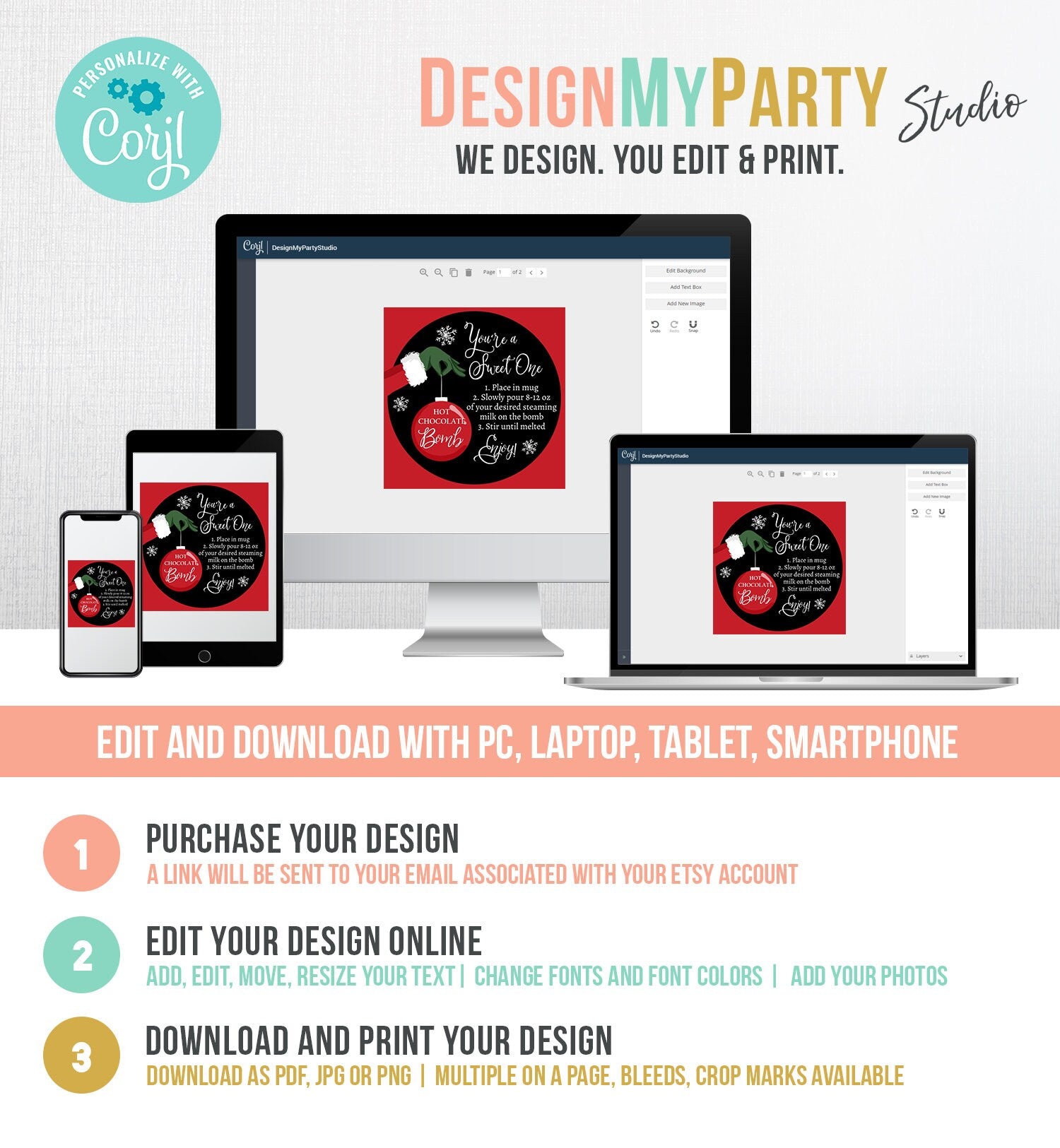 Editable Hot Chocolate Bomb Tags Bomb Instructions Green Red Holiday Favor Tags Winter Christmas You're a Sweet One Digital PRINTABLE 0353