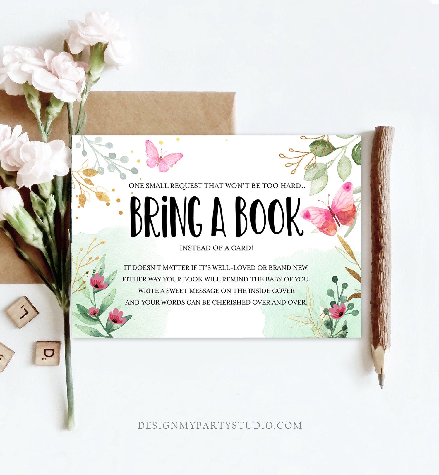 Editable Butterfly Bring a Book Card Pink Gold Greenery Garden Tea Party Gender Neutral Books for Baby Insert Template Download Corjl 0170