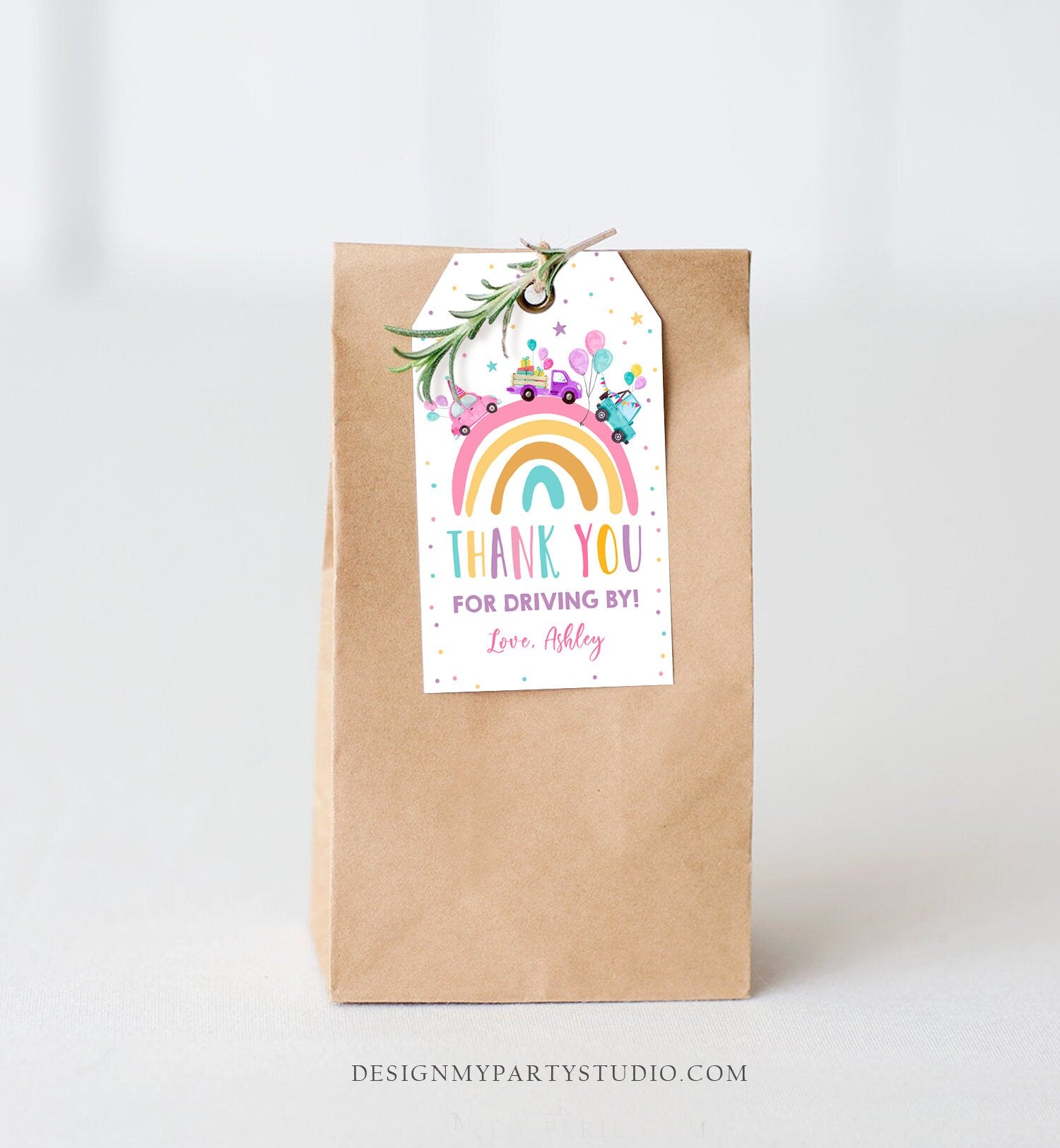 Editable Rainbow Favor Tag Drive By Birthday Favors Party Parade Magical Rainbow Thank You Gift Tags Pink Girl Corjl Template Printable 0333