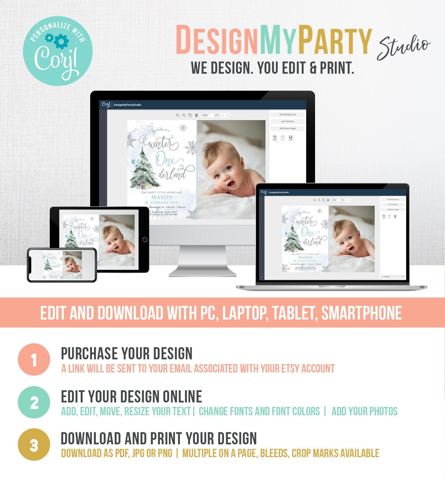 Editable Winter ONEderland Birthday Invitation First Birthday 1st Boy Blue Grey Snow Watercolor Tree Christmas Snowflake Corjl Template 0363