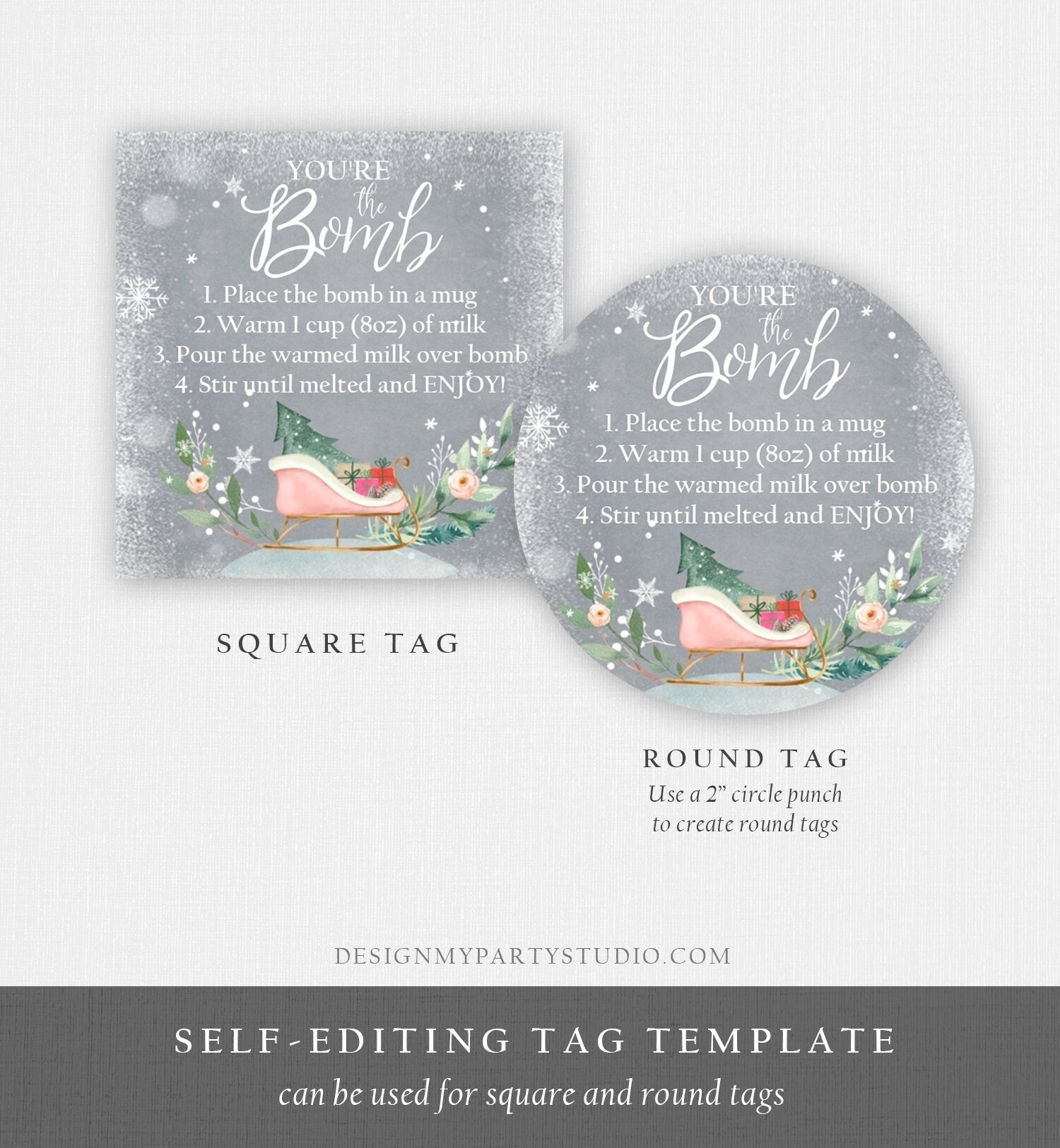 Editable Hot Chocolate Bomb Tags Bomb Instructions Sleigh Cocoa Favor Tags Winter Christmas You're The Bomb Pink Gold Digital PRINTABLE 0353