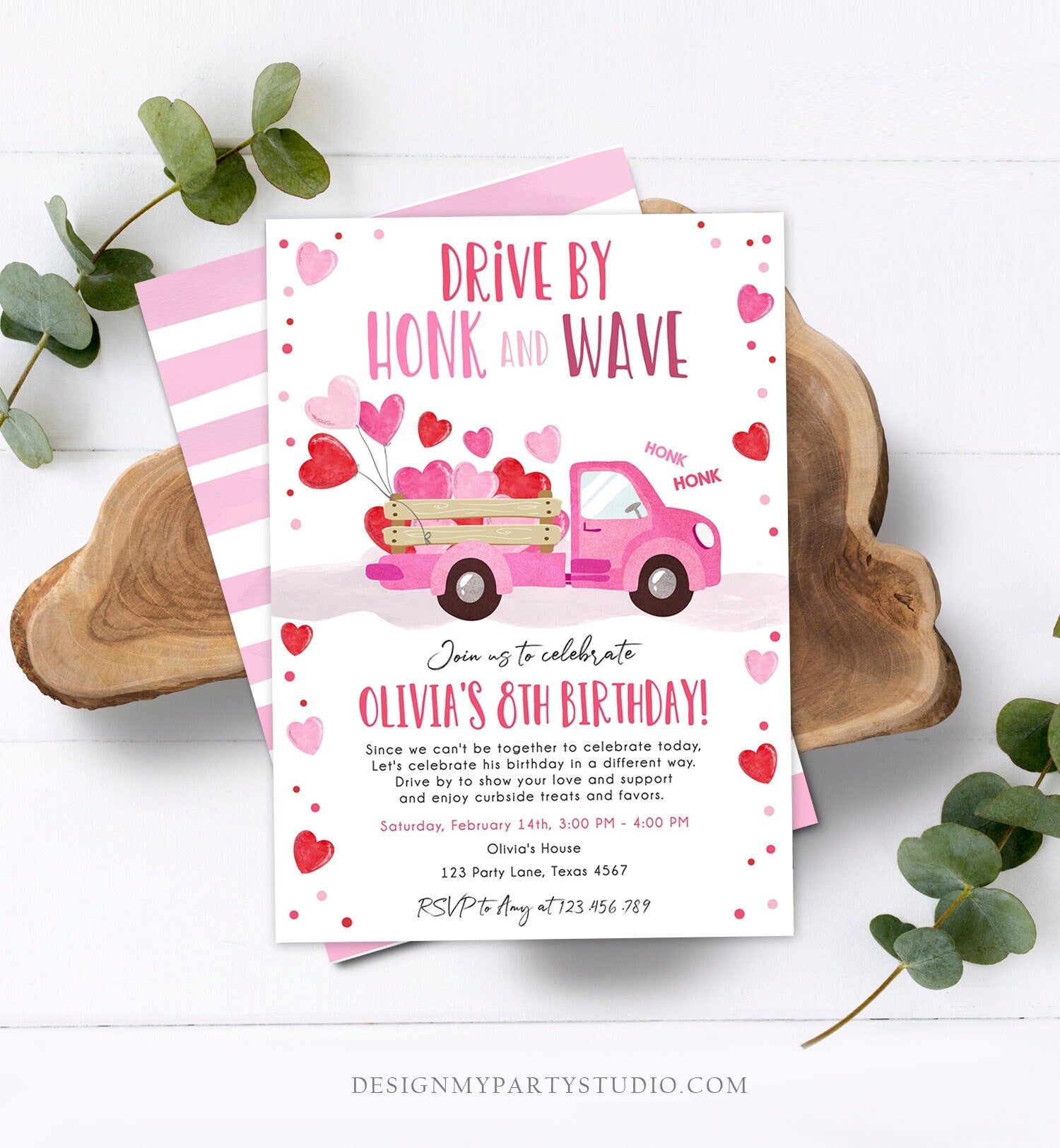 Editable Little Sweetheart Drive By Birthday Invitation Valentine Girl Hearts Pink Drive Through First 1st Corjl Template Printable 0365