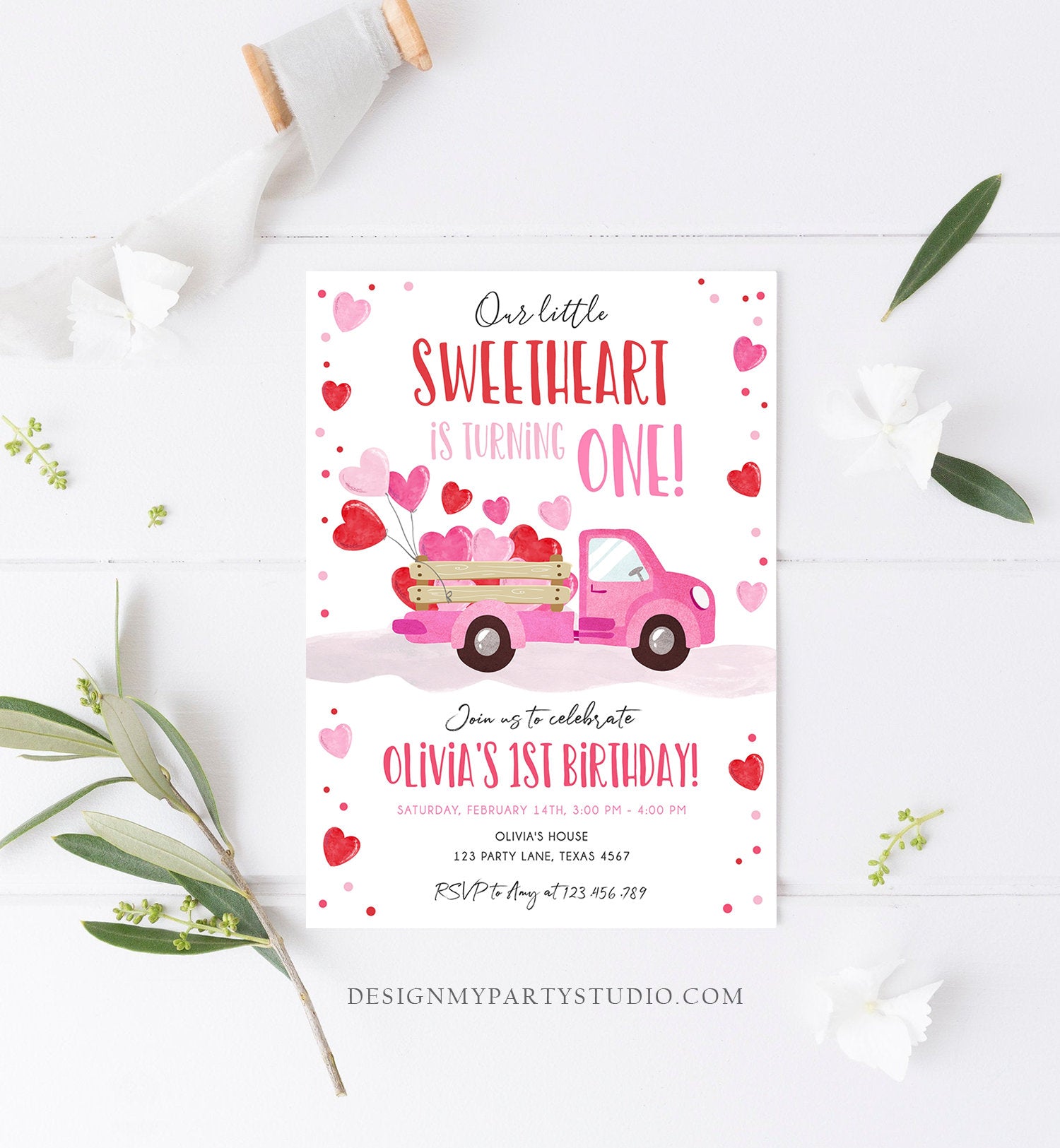 Editable Little Sweetheart Birthday Invitation Valentine Girl Hearts Pink Red First Birthday 1st Download Corjl Template Printable 0365