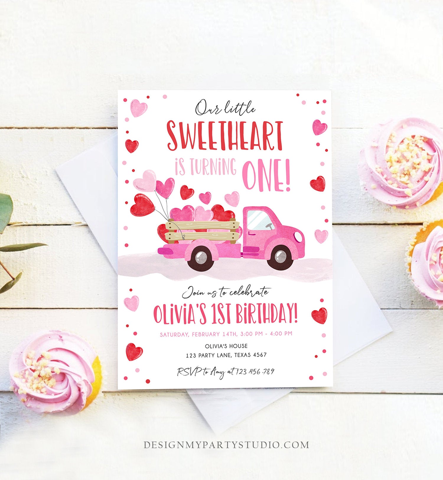 Editable Little Sweetheart Birthday Invitation Valentine Girl Hearts Pink Red First Birthday 1st Download Corjl Template Printable 0365