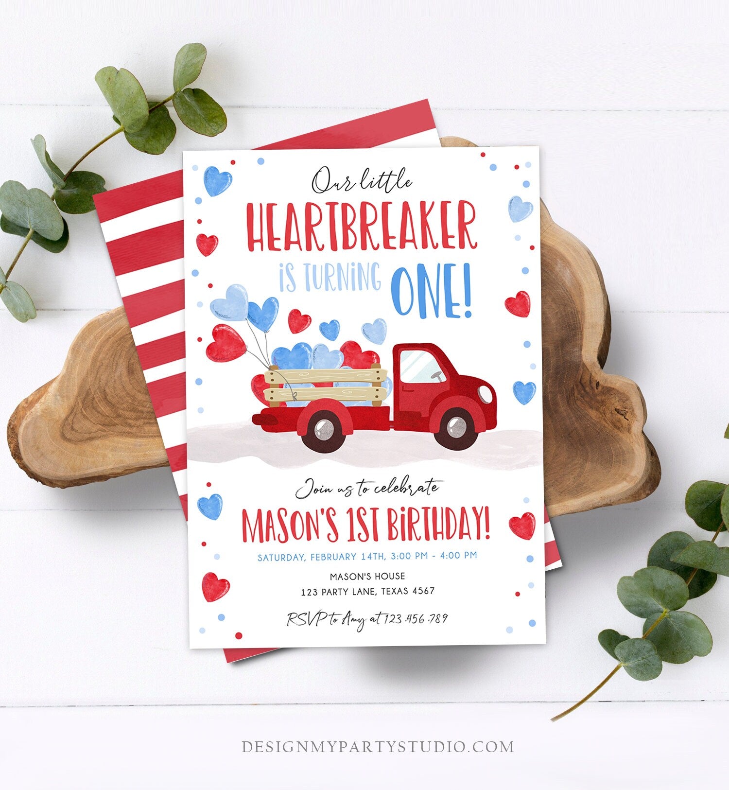 Editable Little Heartbreaker Birthday Invitation Valentine Boy Sweetheart Red Blue First Birthday 1st Download Corjl Template Printable 0365