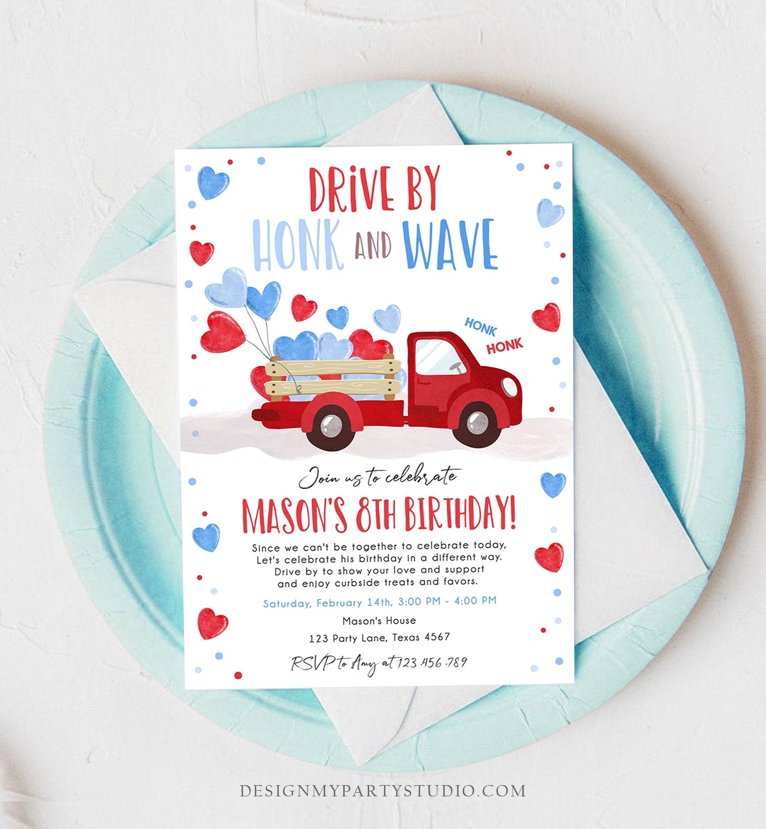 Editable Little Heartbreaker Drive By Birthday Invitation Valentine Boy Sweetheart Red Blue Drive Through Corjl Template Printable 0365