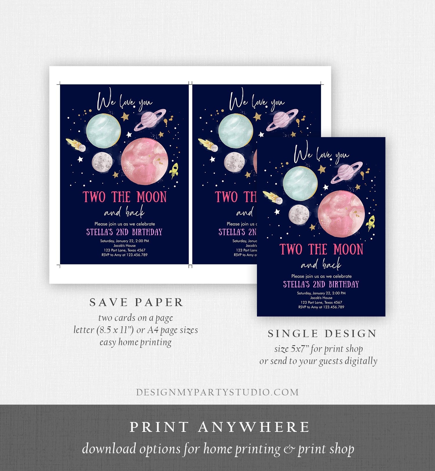 Editable Two the Moon 2nd Birthday Invitation Girl Pink Space Love you Two the moon Galaxy Download Printable Template Digital Corjl 0357