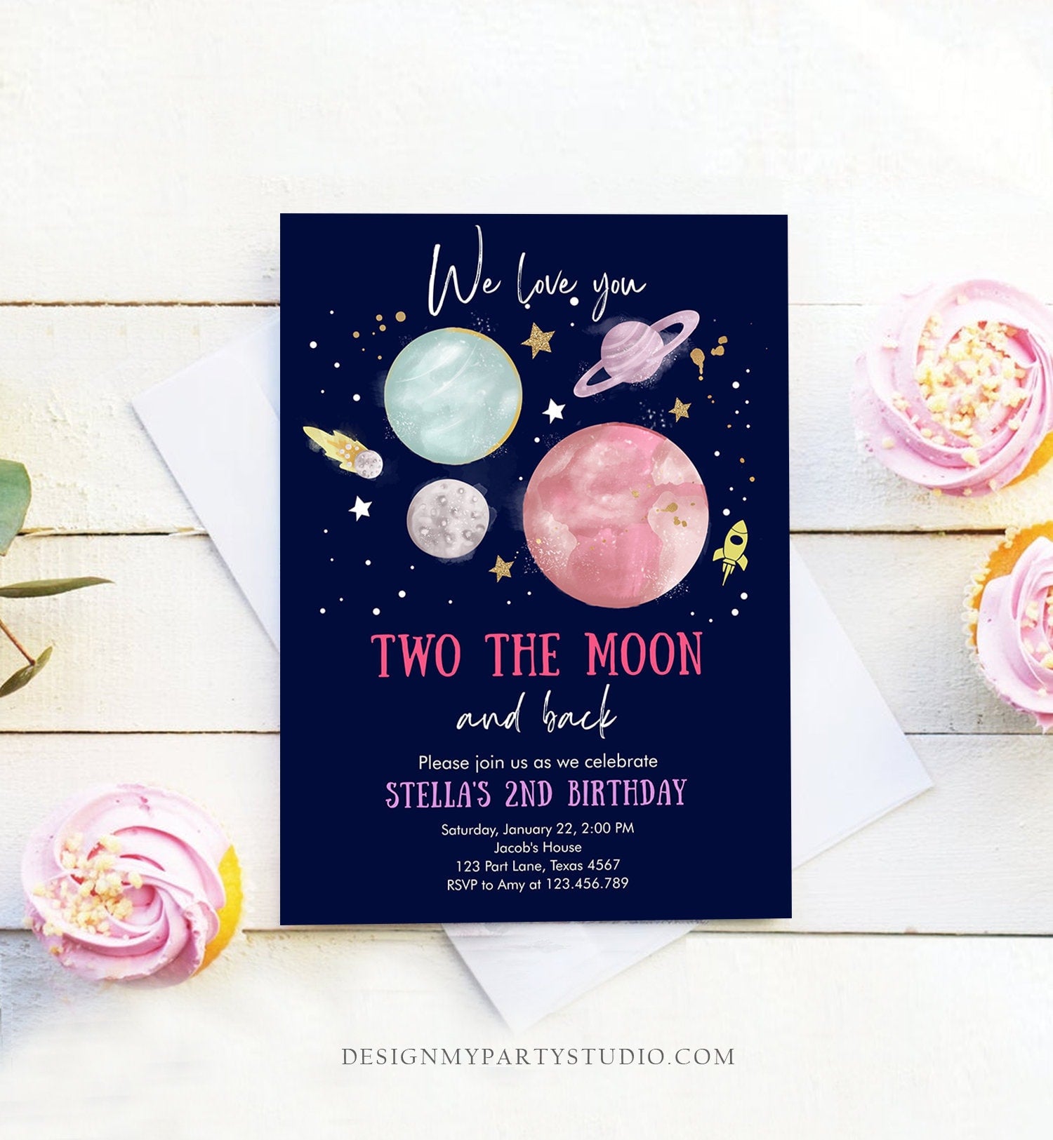 Editable Two the Moon 2nd Birthday Invitation Girl Pink Space Love you Two the moon Galaxy Download Printable Template Digital Corjl 0357