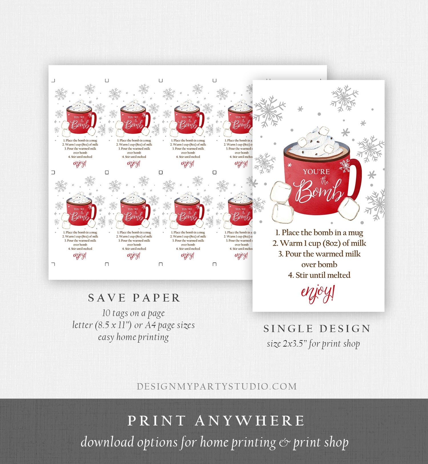 Editable Hot Chocolate Bomb Tags Bomb Instructions Cookies and Cocoa Favor Tags Winter Christmas You're The Bomb Digital PRINTABLE 0353
