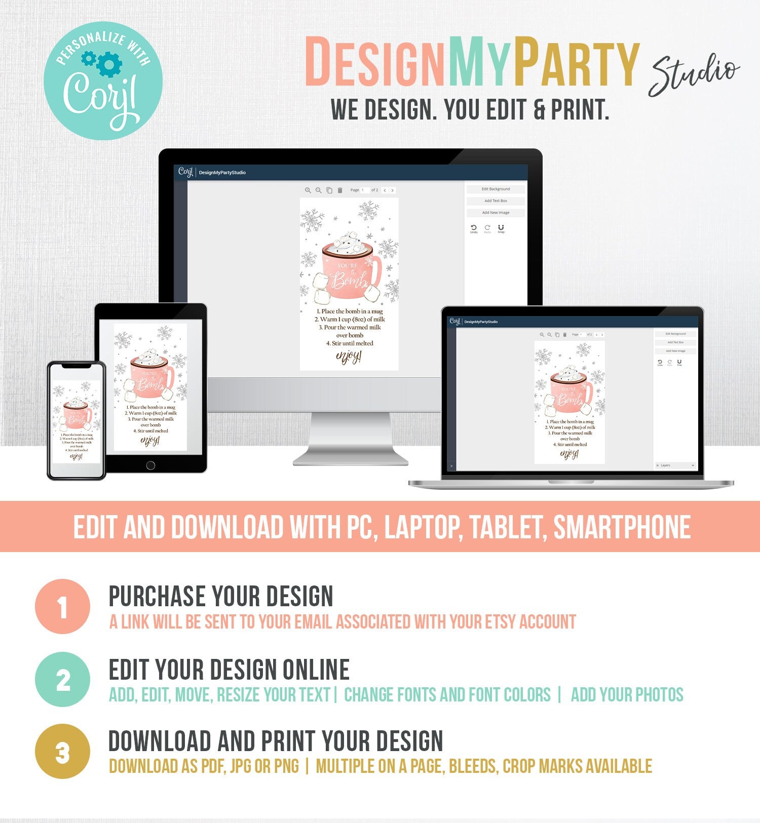 Editable Hot Chocolate Bomb Tags Bomb Instructions Cookies and Cocoa Favor Tags Winter Christmas You're The Bomb Pink Digital PRINTABLE 0353