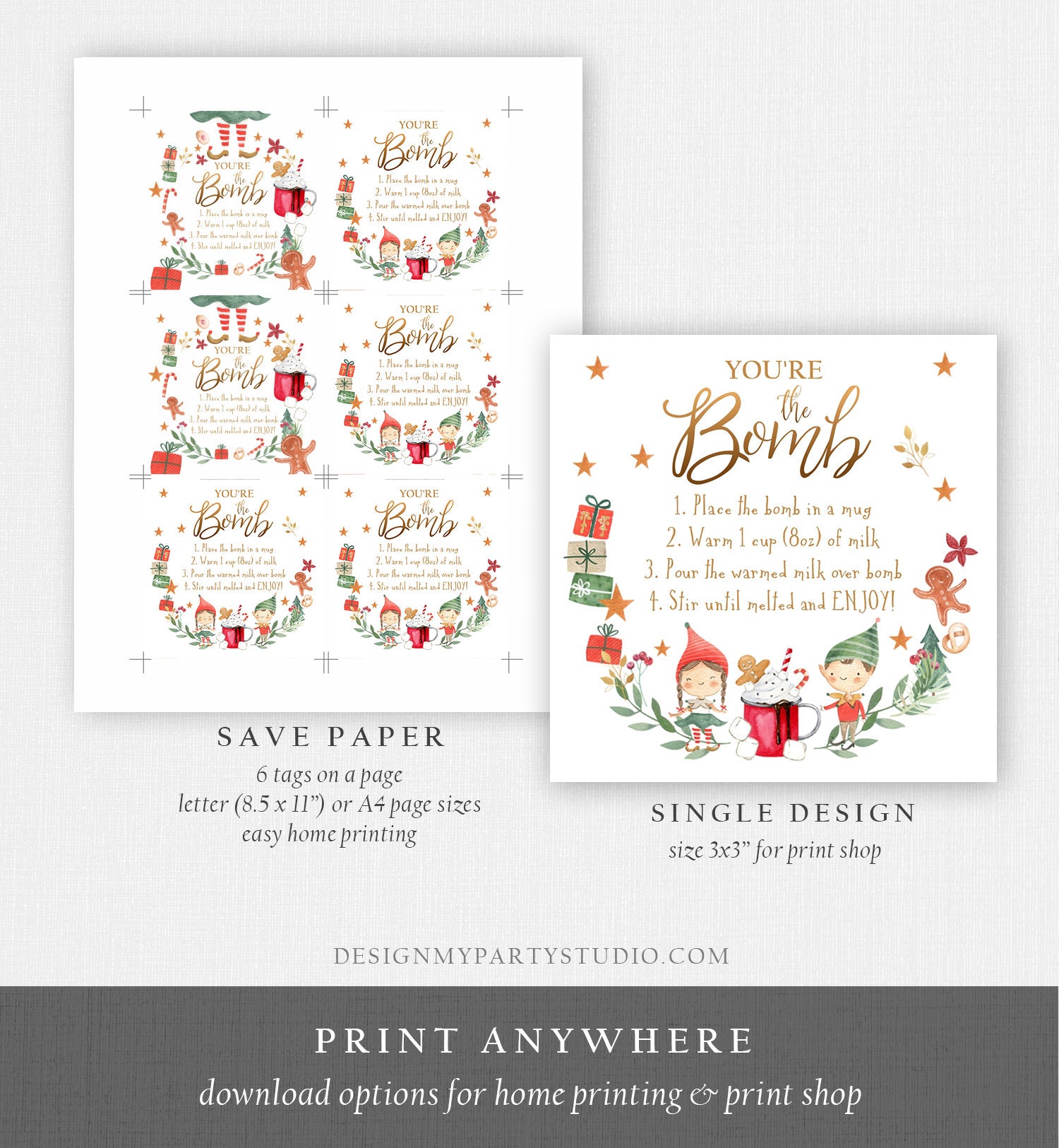 Editable Elf Hot Chocolate Bomb Tags Bomb Instructions Cocoa Favor Tags Elf Party Christmas Elves Visit Elf Birthday Digital PRINTABLE 0358
