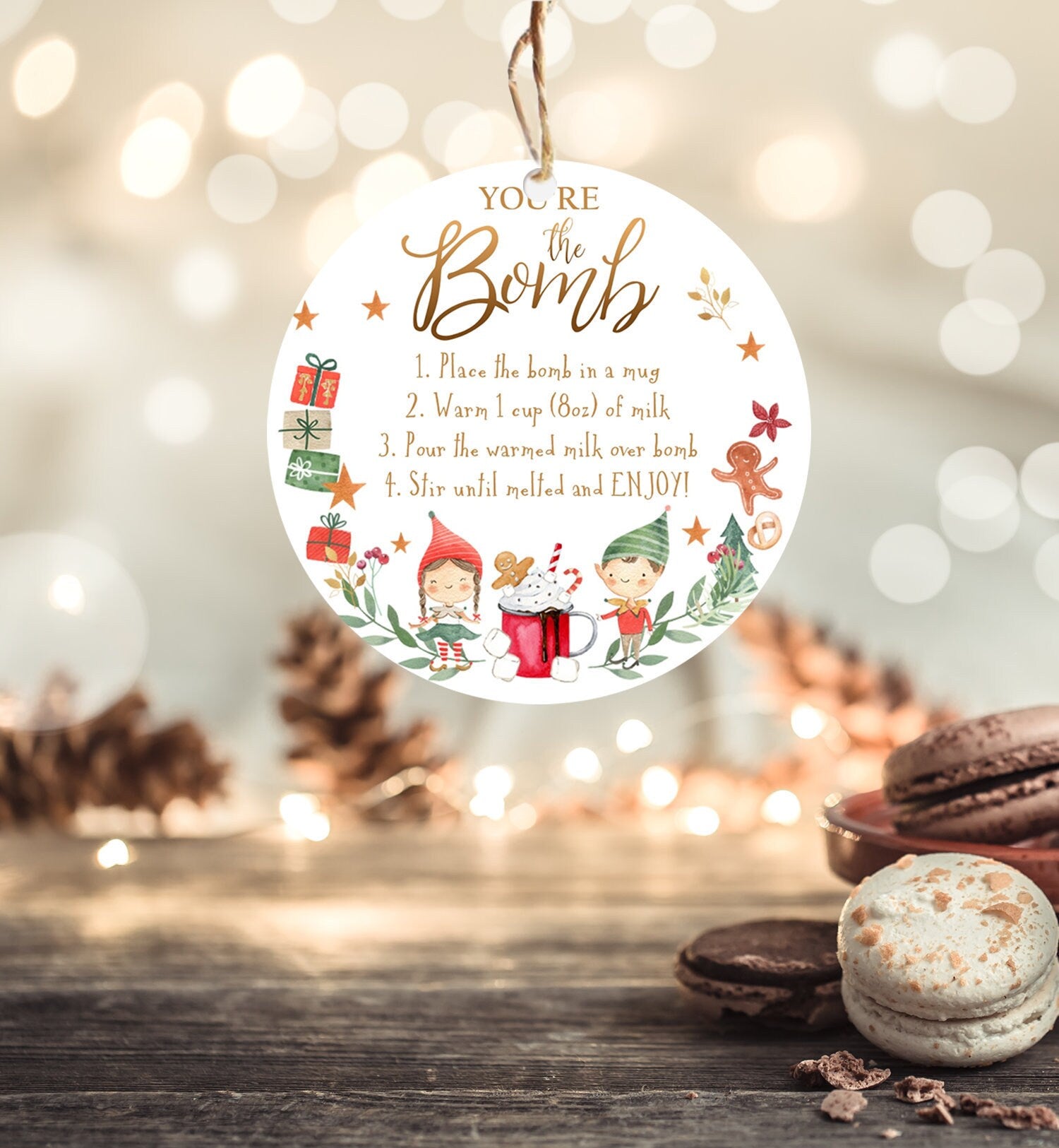 Editable Elf Hot Chocolate Bomb Tags Bomb Instructions Cocoa Favor Tags Elf Party Christmas Elves Visit Elf Birthday Digital PRINTABLE 0358