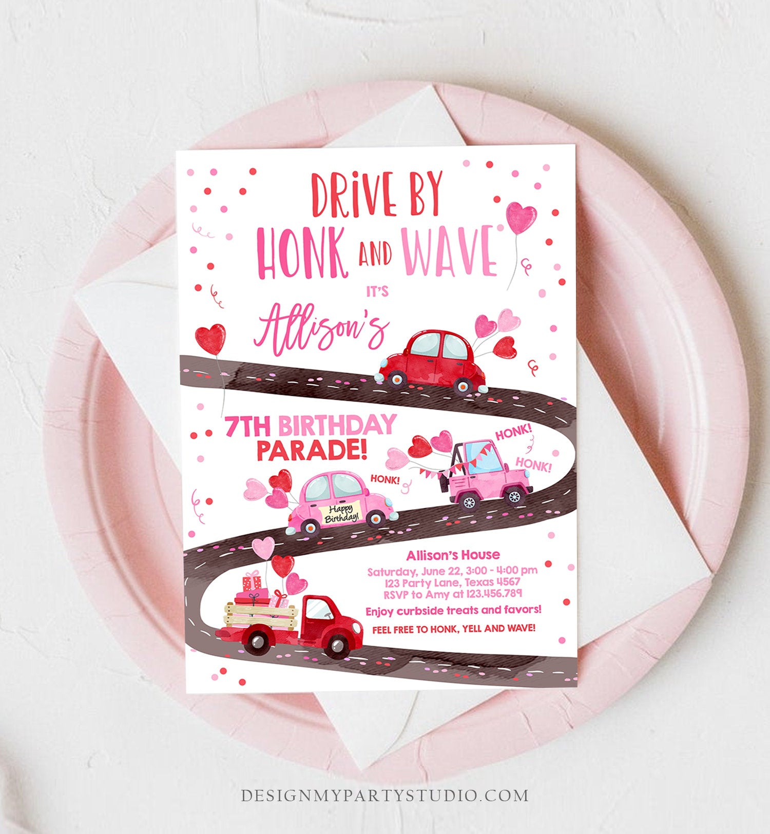 Editable Little Sweetheart Drive By Birthday Invitation Valentine Girl Hearts Pink Drive Through First 1st Corjl Template Printable 0365