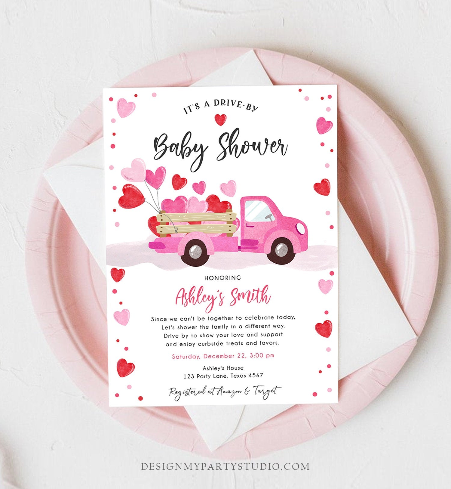 Editable Drive By Little Sweetheart Baby Shower Invitation Valentine Pink Girl Hearts Drive Through Truck Corjl Template Printable 0365