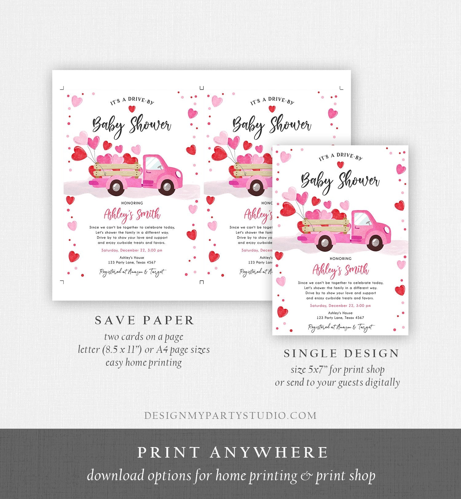 Editable Drive By Little Sweetheart Baby Shower Invitation Valentine Pink Girl Hearts Drive Through Truck Corjl Template Printable 0365