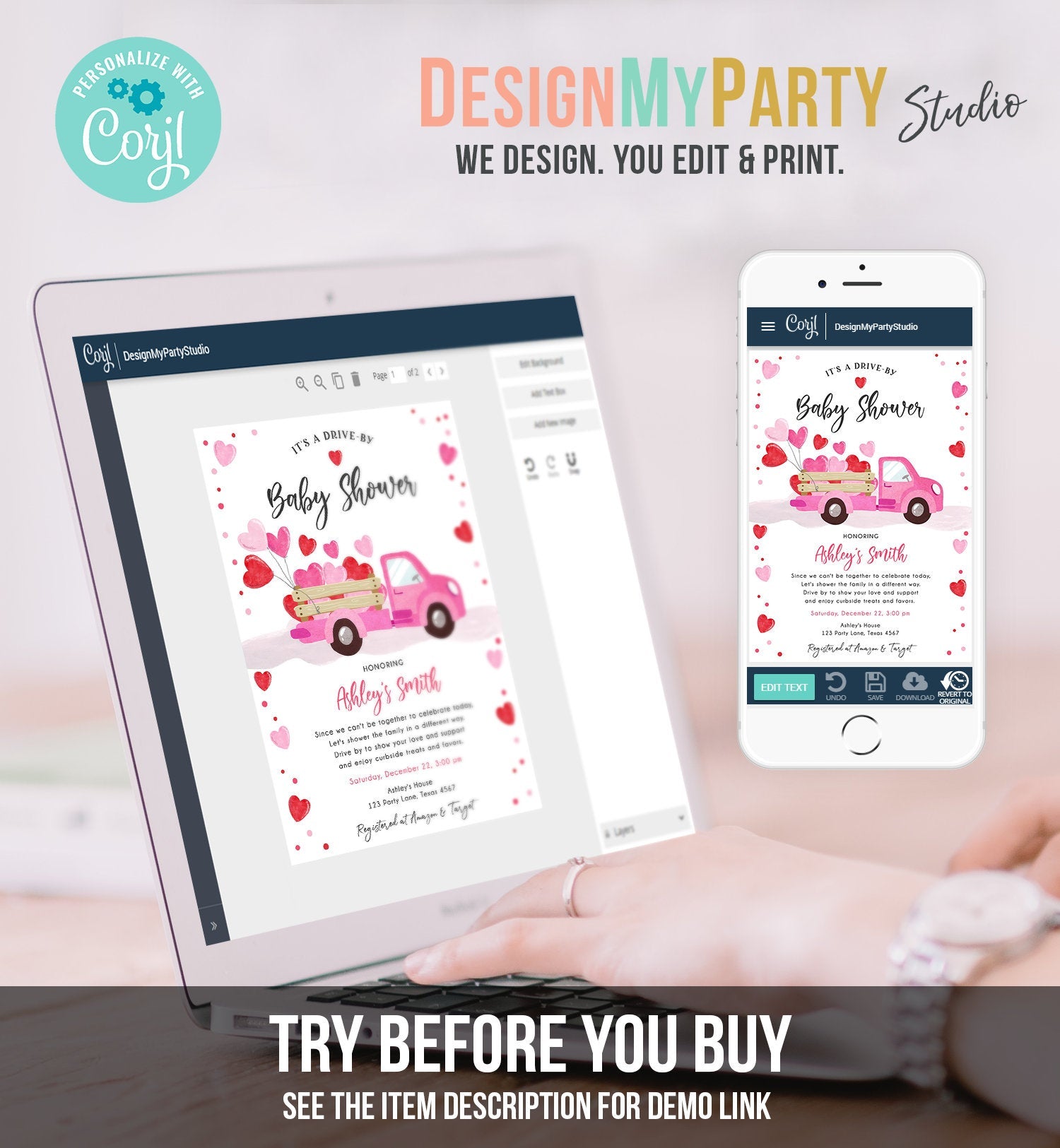 Editable Drive By Little Sweetheart Baby Shower Invitation Valentine Pink Girl Hearts Drive Through Truck Corjl Template Printable 0365