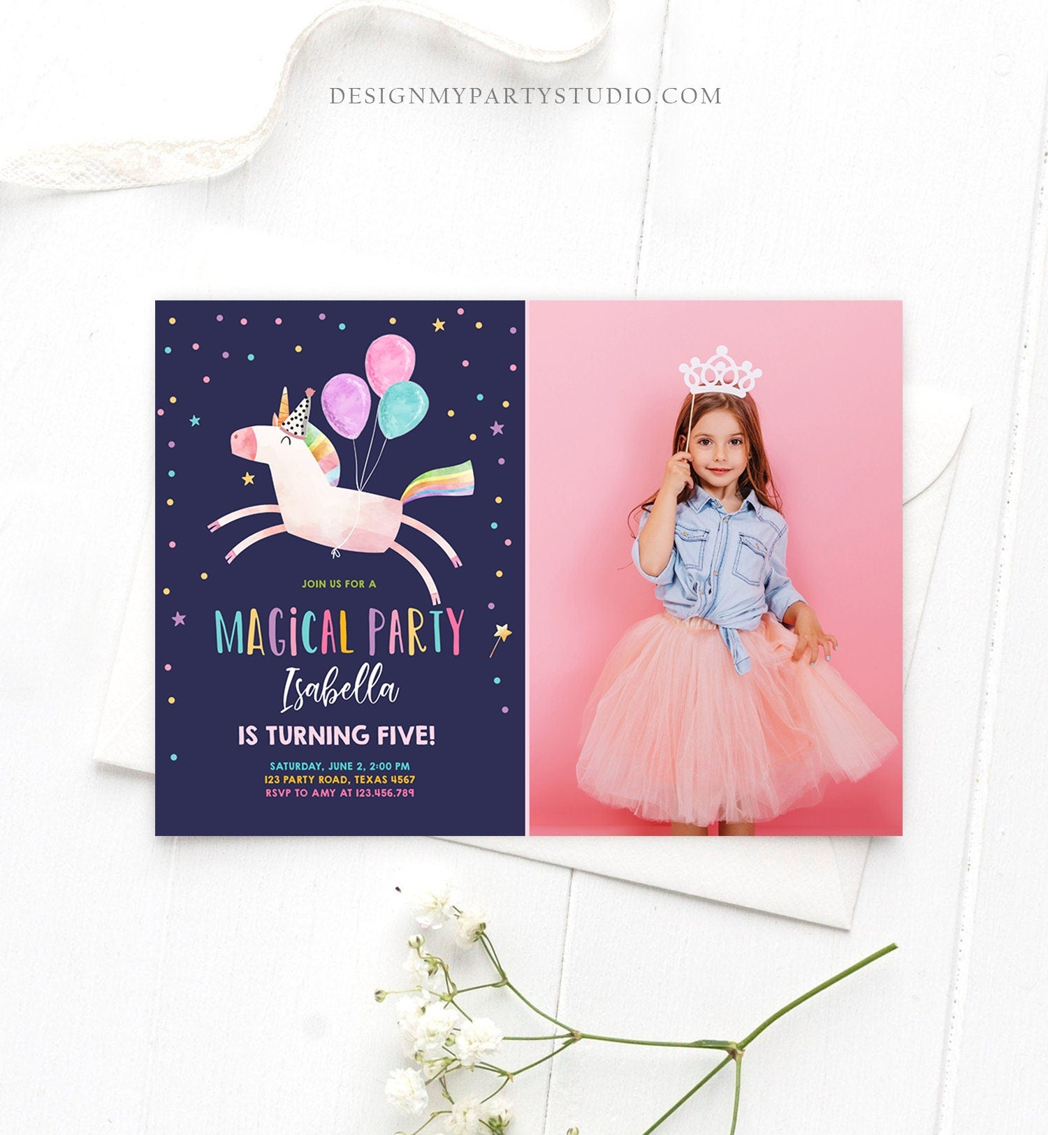 Editable Unicorn Birthday Invitation Magical Party Invite Girl Pink First Birthday Digital Invite Template Reainbow Download Corjl 0336