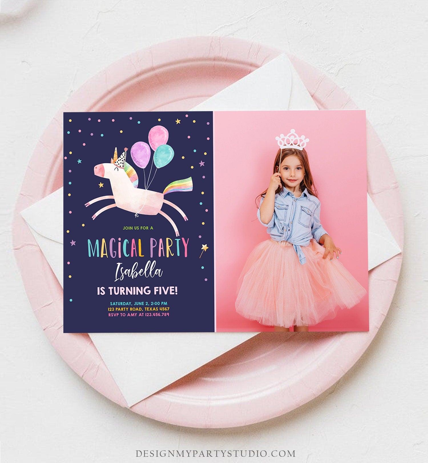 Editable Unicorn Birthday Invitation Magical Party Invite Girl Pink First Birthday Digital Invite Template Reainbow Download Corjl 0336