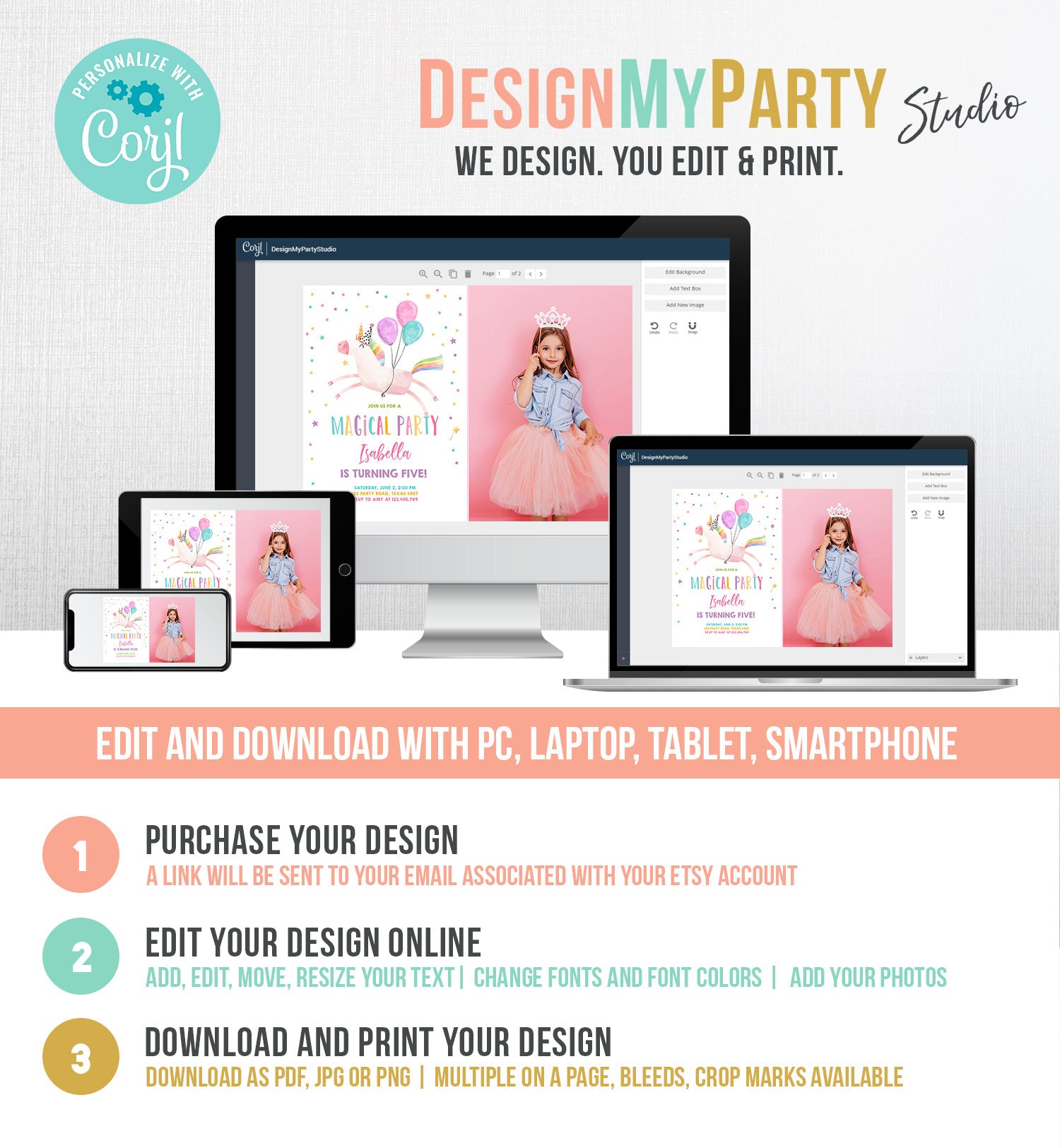 Editable Unicorn Birthday Invitation Magical Party Invite Girl Pink First Birthday Digital Invite Template Reainbow Download Corjl 0336