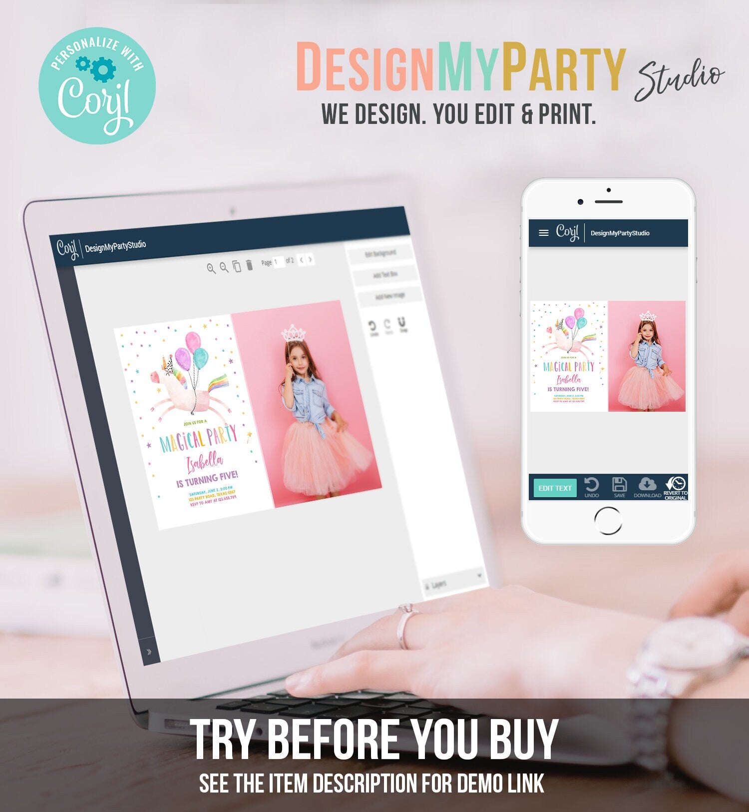 Editable Unicorn Birthday Invitation Magical Party Invite Girl Pink First Birthday Digital Invite Template Reainbow Download Corjl 0336