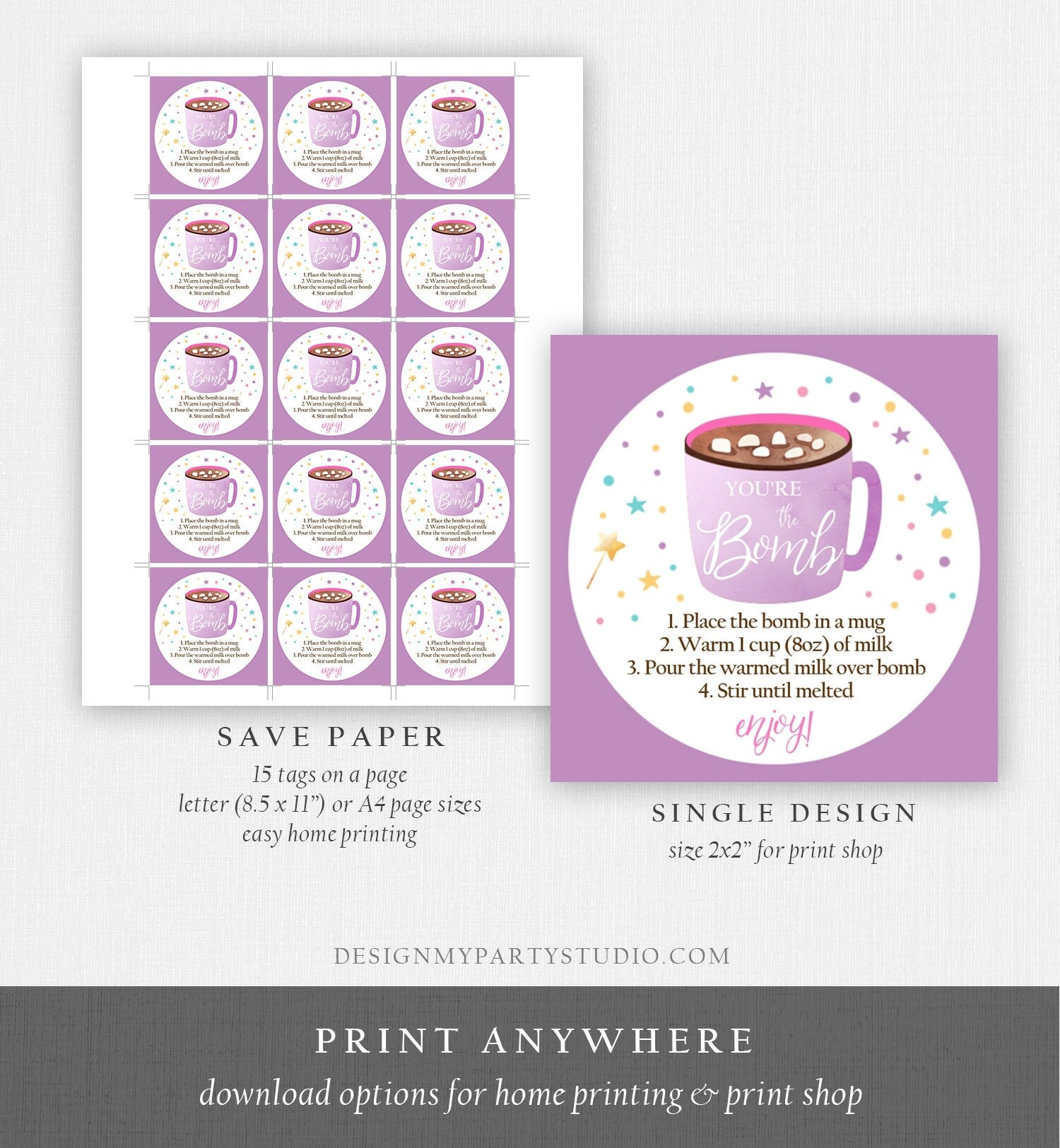Editable Hot Chocolate Bomb Tags Bomb Instructions Valentine You're The Bomb Sticker Magical Purple Lavender Digital PRINTABLE 0336