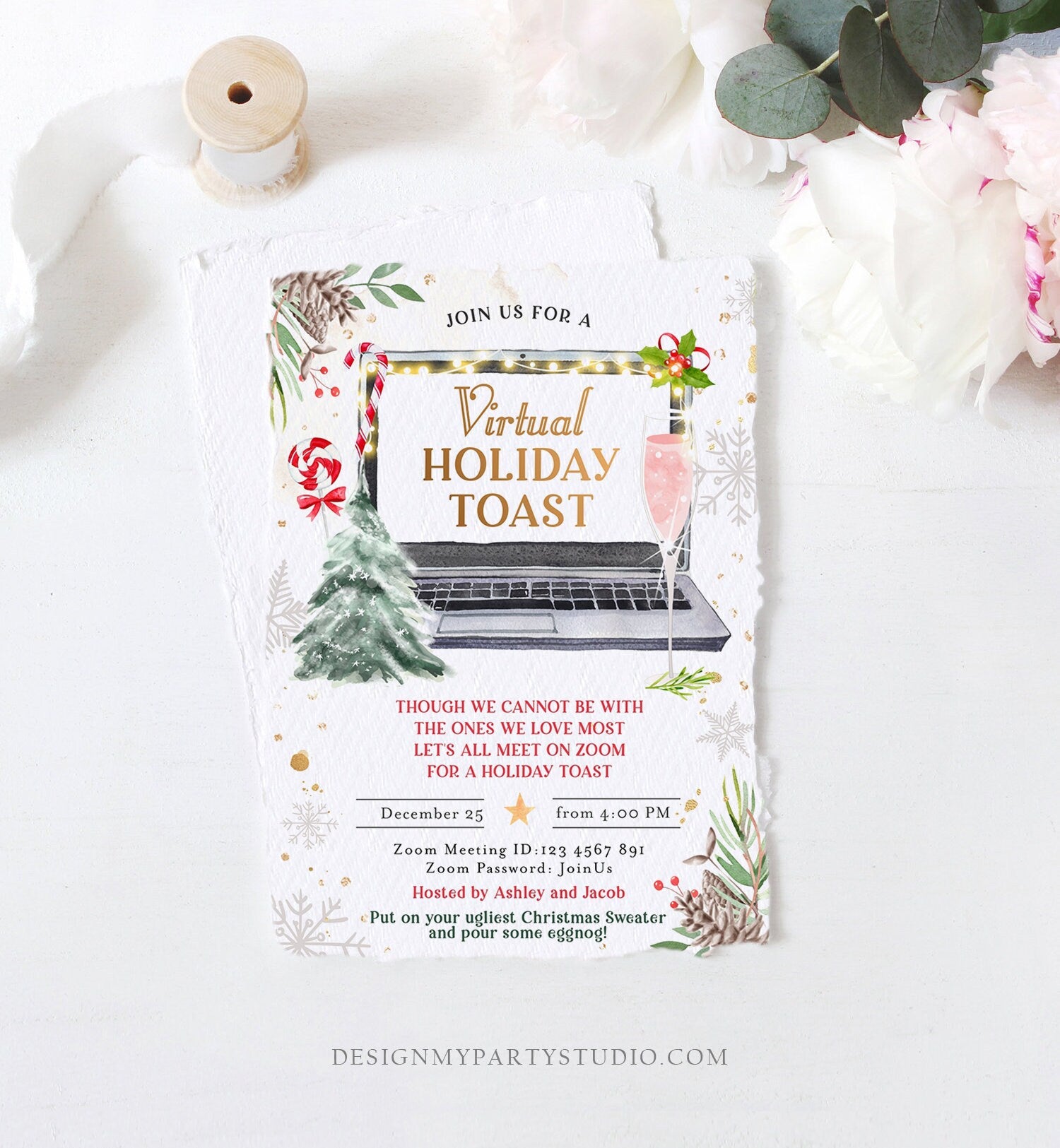 Editable Virtual Holiday Toast Invitation Christmas Party Zoom Invite Quarantine Social Distancing Laptop Printable Template Corjl 0356