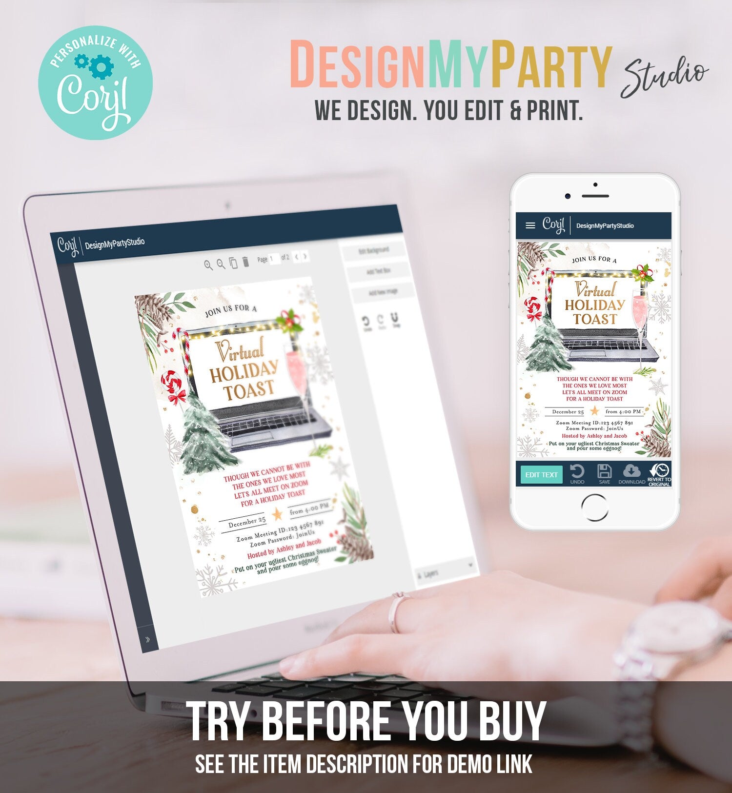 Editable Virtual Holiday Toast Invitation Christmas Party Zoom Invite Quarantine Social Distancing Laptop Printable Template Corjl 0356