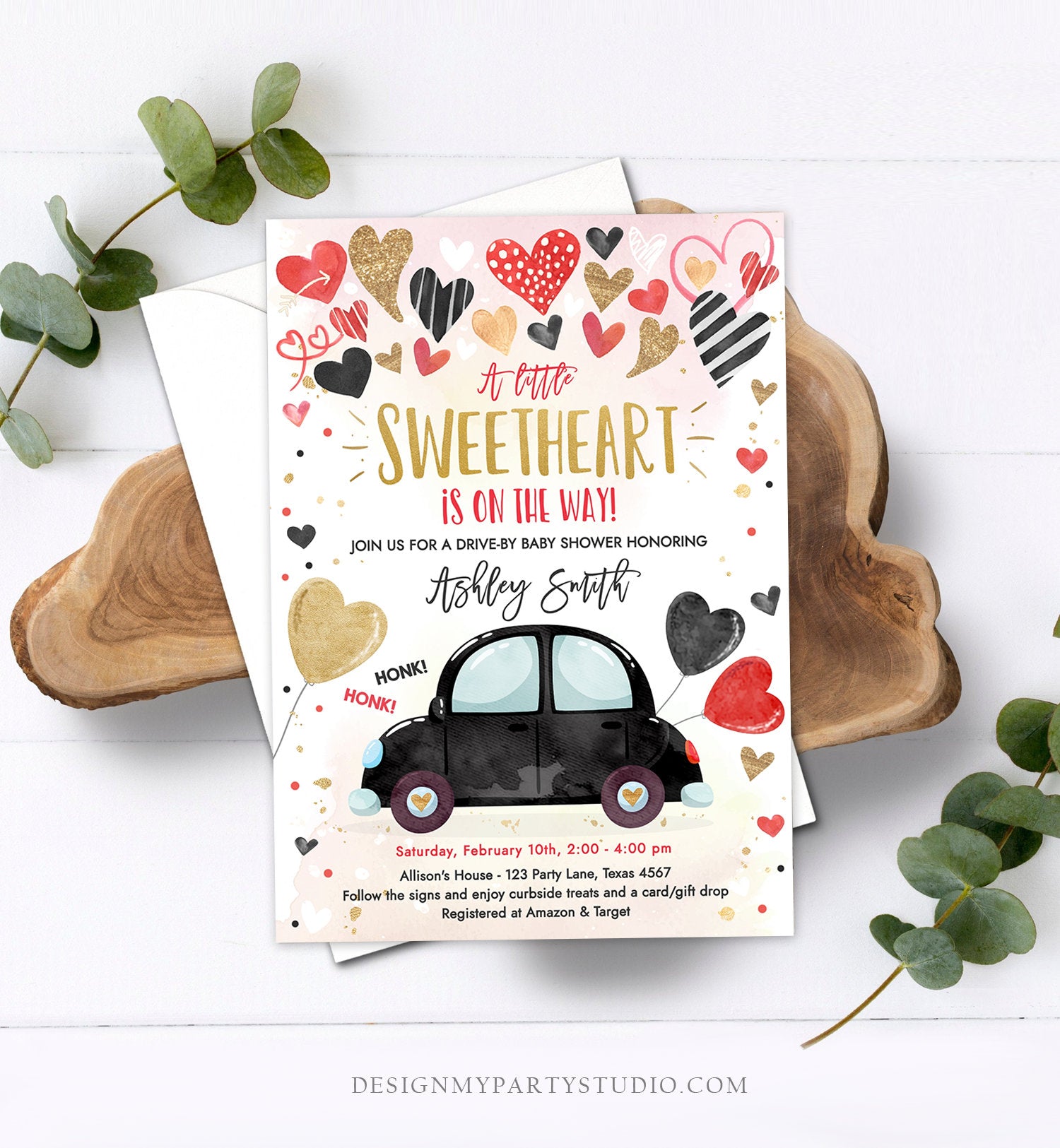 Editable Drive By Sweetheart Baby Shower Invitation Valentine Black Gold Hearts Drive Through Red Heart Car Corjl Template Printable 0371