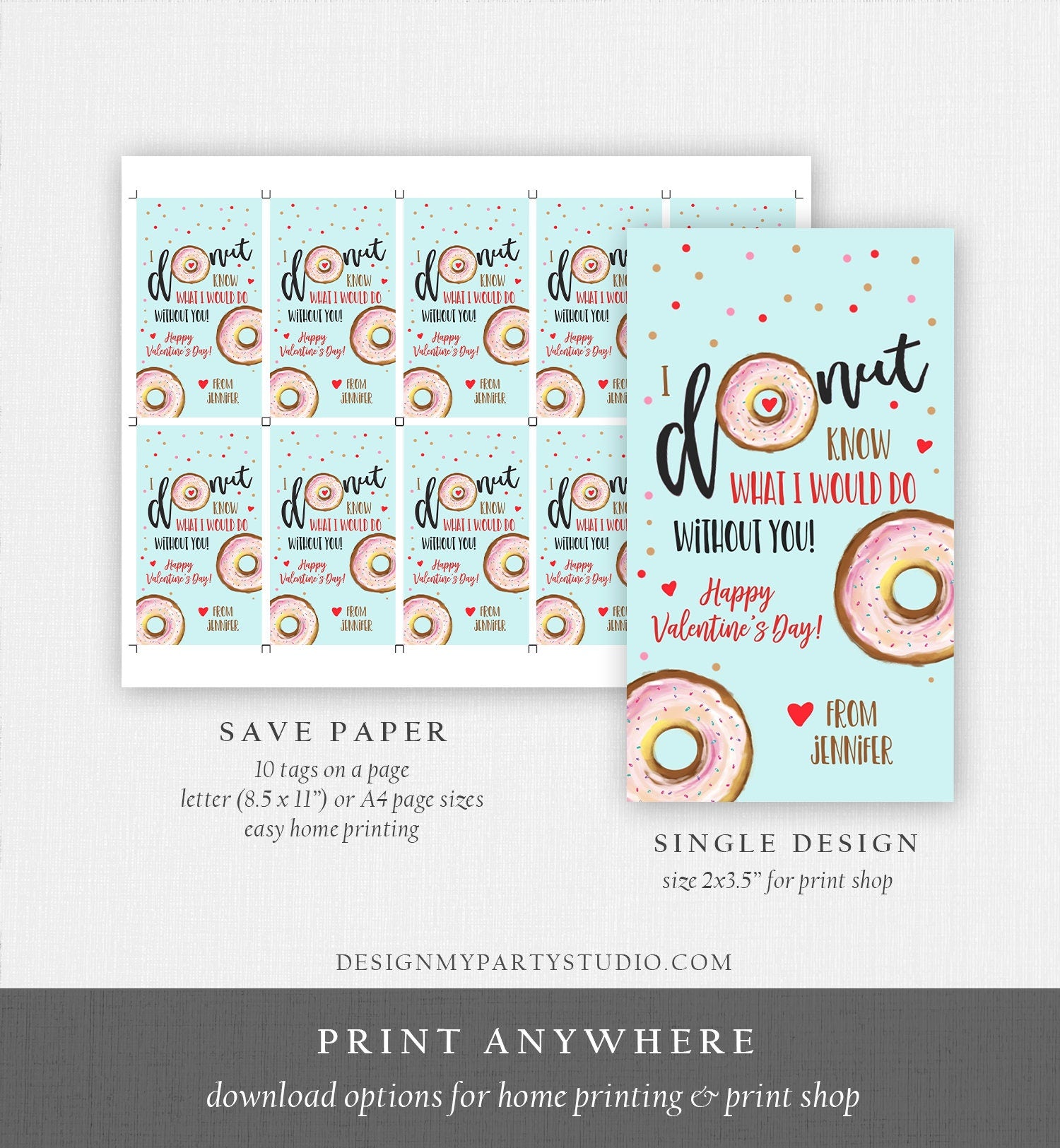Editable Donut Valentine Tag Valentine's Day Card for Kids School Donut Know Classroom Printable Personalized Digital PRINTABLE 0368 0370
