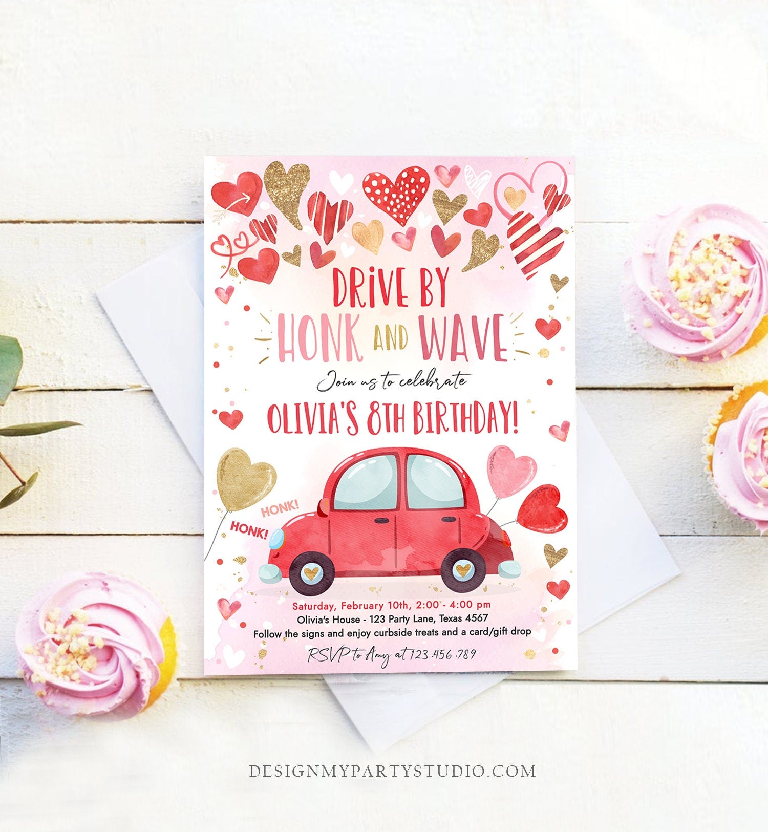 Editable Drive By Birthday Invitation Valentine Sweetheart Pink Gold Hearts Drive Through Red Heart Car Corjl Template Printable 0371