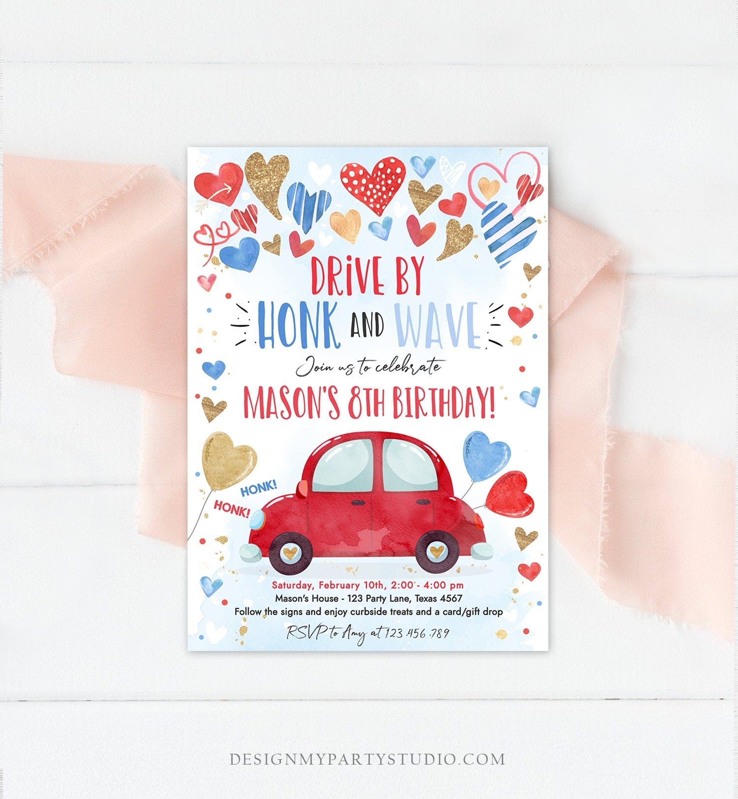 Editable Drive By Birthday Invitation Valentine Sweetheart Blue Gold Hearts Drive Through Red Heart Car Corjl Template Printable 0371