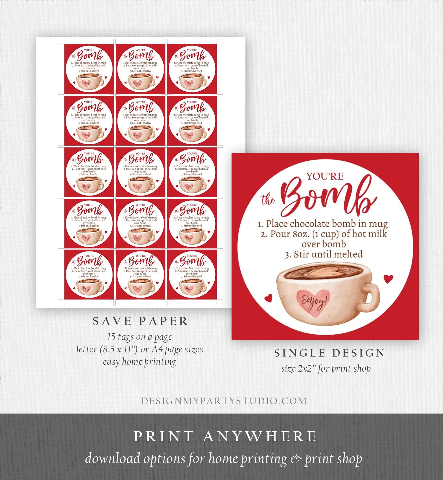 Editable Valentine Hot Chocolate Bomb Tags Bomb Instructions Hot Cocoa Bomb Favor Tags Valentine Gift You're The Bomb Digital PRINTABLE 0370