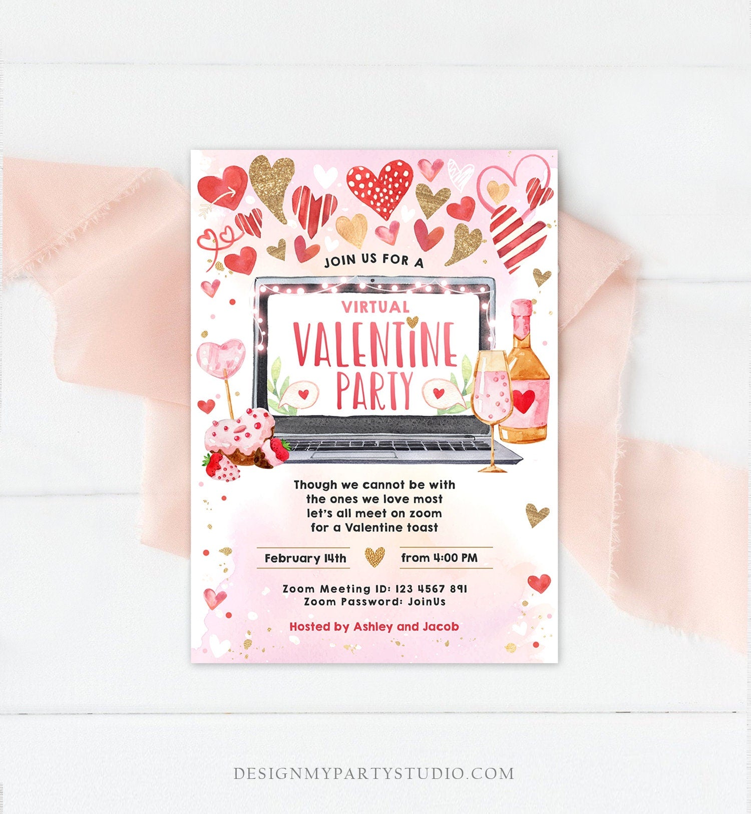 Editable Virtual Valentine Toast Invitation Valentine Party Zoom Invite Quarantine Social Distancing Laptop Printable Template Corjl 0371