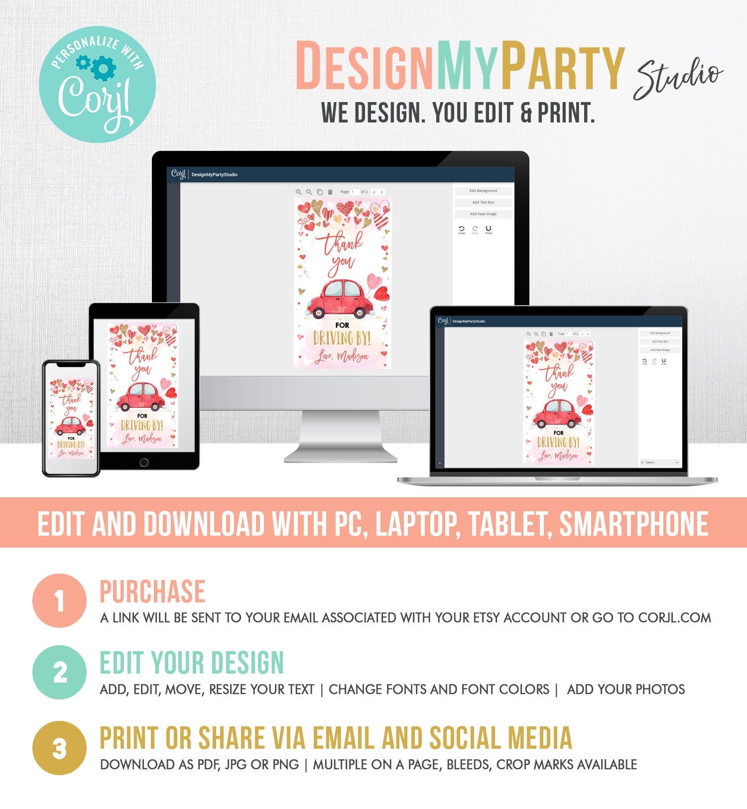 Editable Drive By Favor Tag Valentine Hearts Birthday Parade Drive Through Favors Party Thank You Red Pink Car Corjl Template Printable 0371