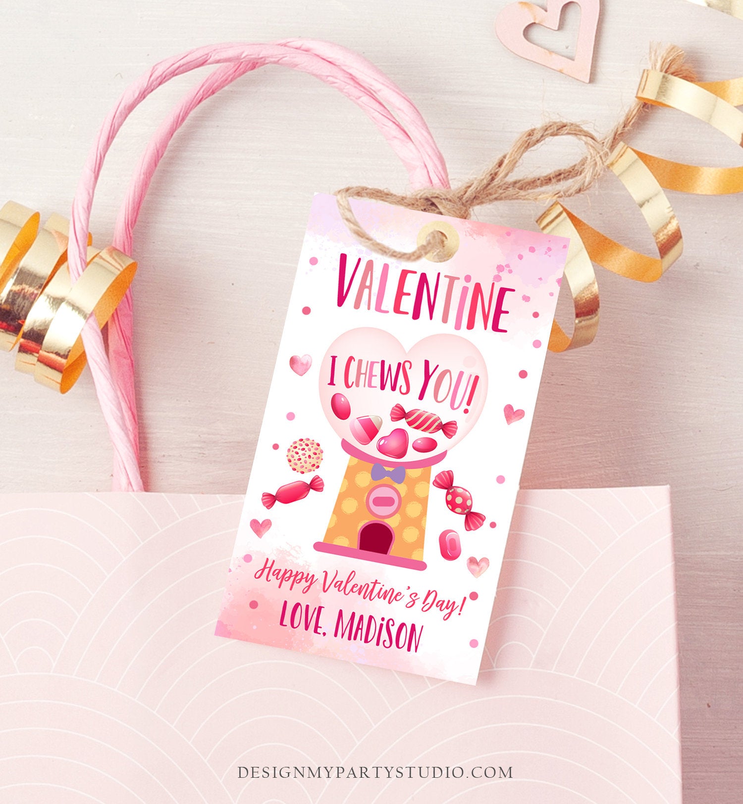 Editable Valentine Bubble Gum Favor Tag Thank You I Chews You Candy Sweet Valentine's Day School Digital Corjl Template Printable 0370