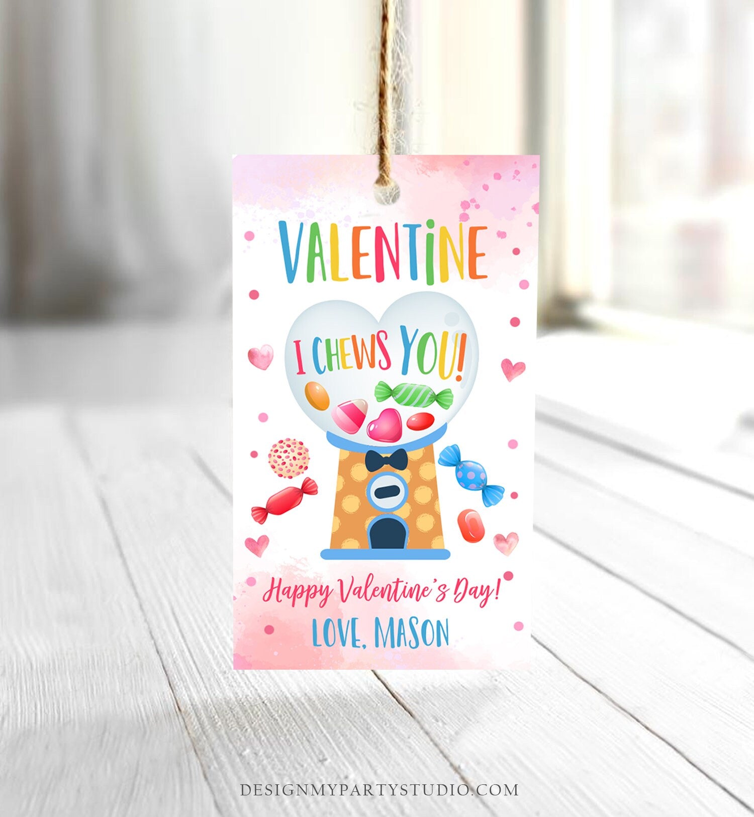 Editable Bubble Gum Valentine Favor Tag Thank You I Chews You Candy Sweet Valentine's Day School Digital Corjl Template Printable 0370