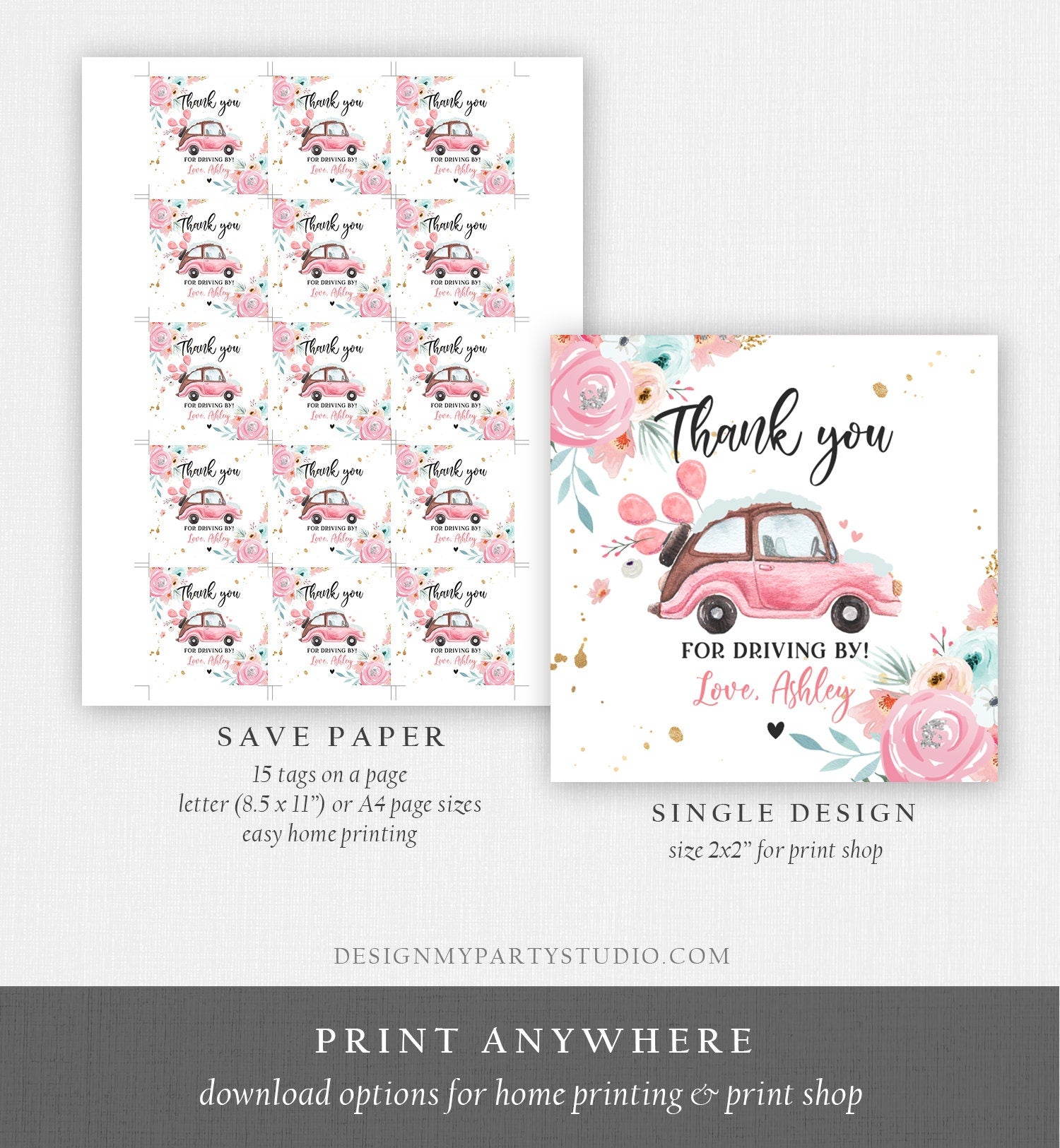 Editable Drive By Winter Favor Tag Thank You Driving By Baby Shower Birthday Parade Gift Quarantine Pink Floral Car Girl Corjl Template 0335