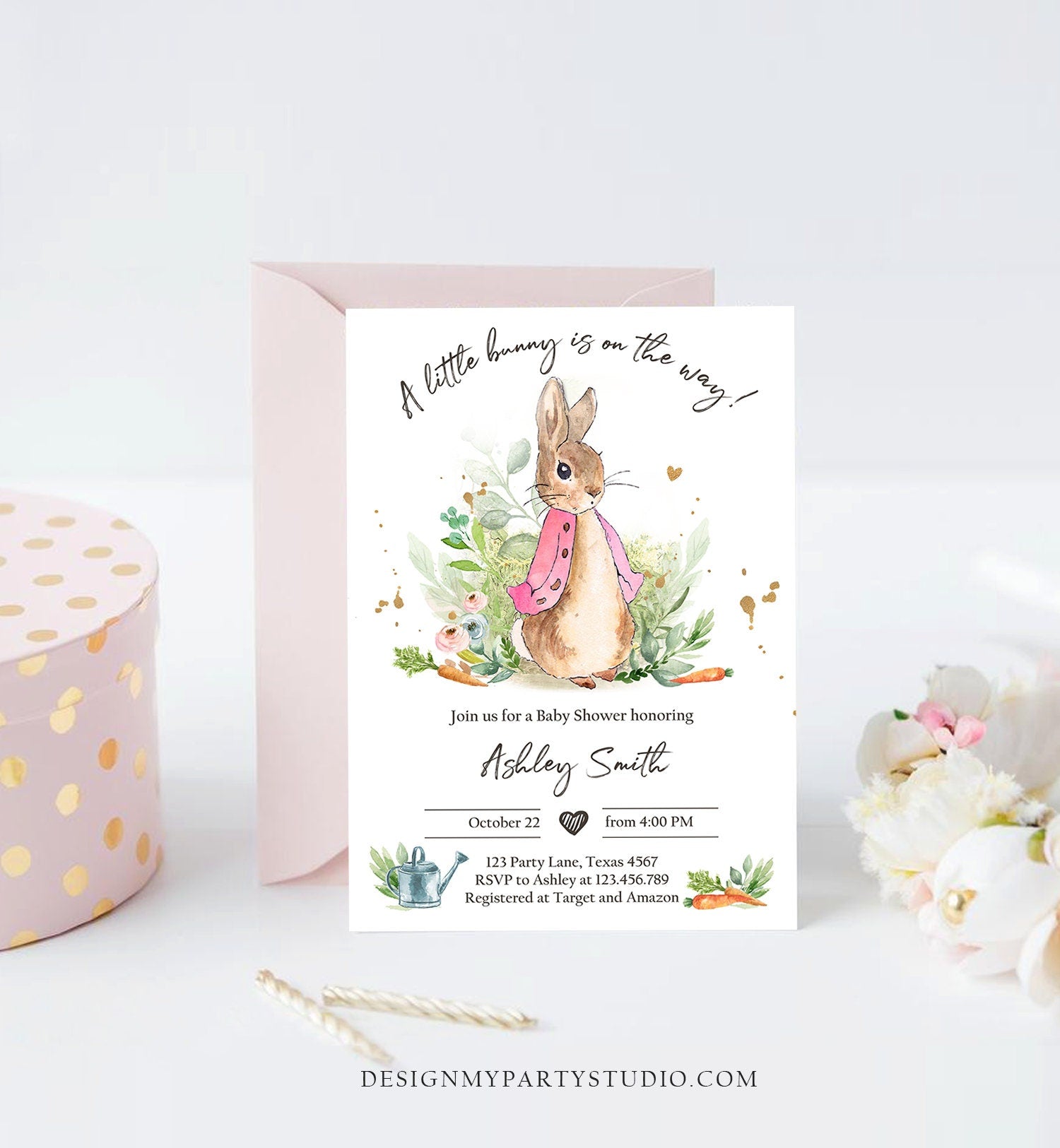 Editable Flopsy Bunny Baby Shower Invitation Girl Pink Rustic Peter Rabbit Invitation Spring Sprinkle Digital Corjl Template Printable 0351