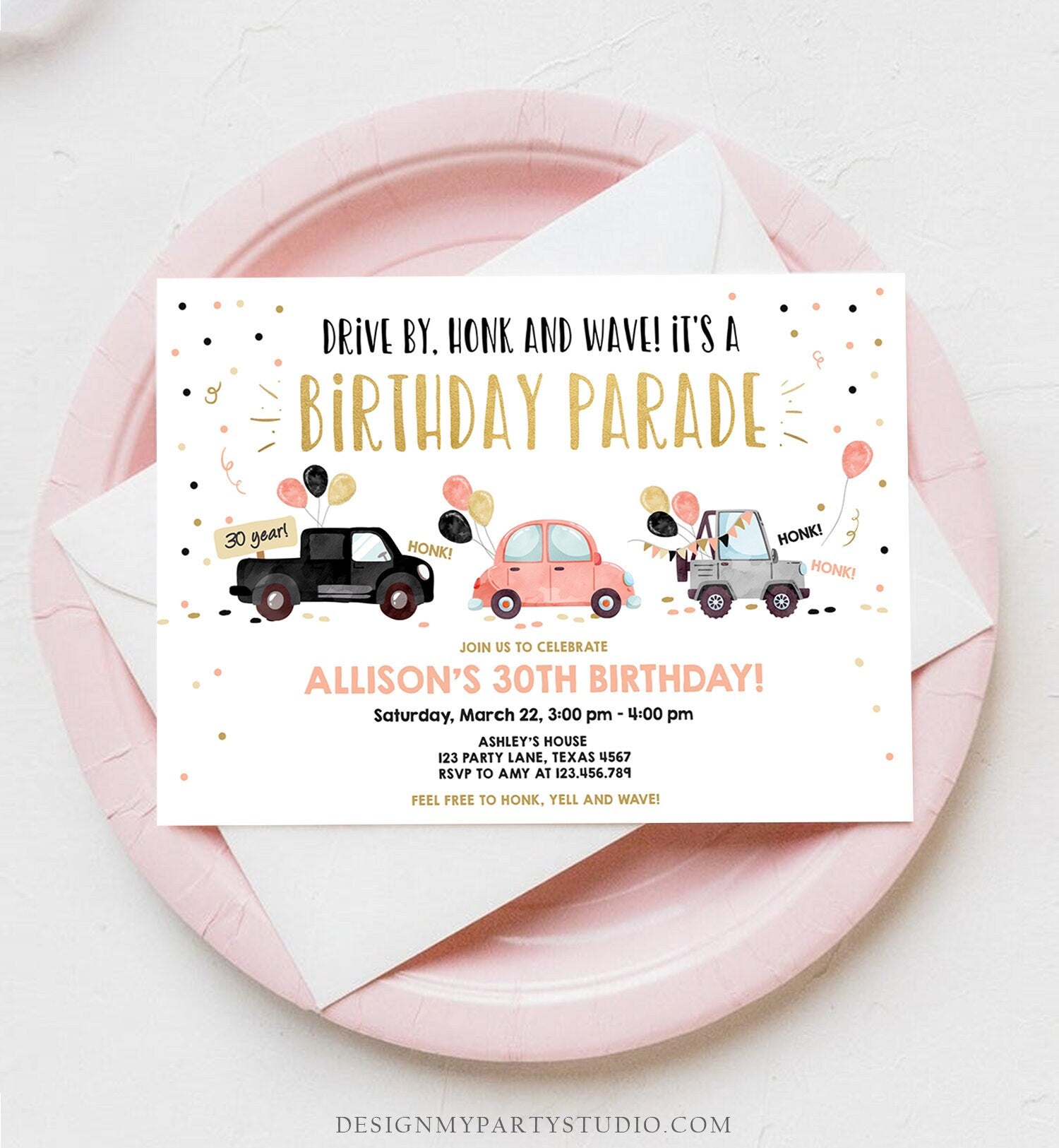 Editable Drive By Birthday Parade Invitation ANY AGE 30th Party Adult Coral Gold Girl Woman Drive Through Quarantine Digital Corjl 0337