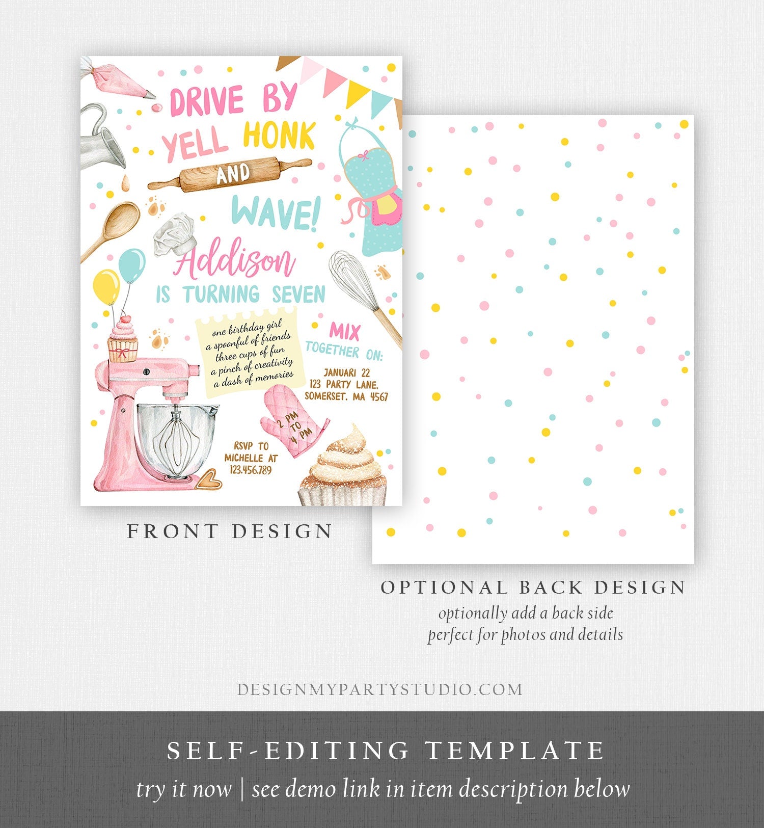 Editable Baking Drive By Birthday Party Invitation Kids Cooking Drive Through Girl Chef Kitchen Cupcakes Pink Corjl Template Printable 0364