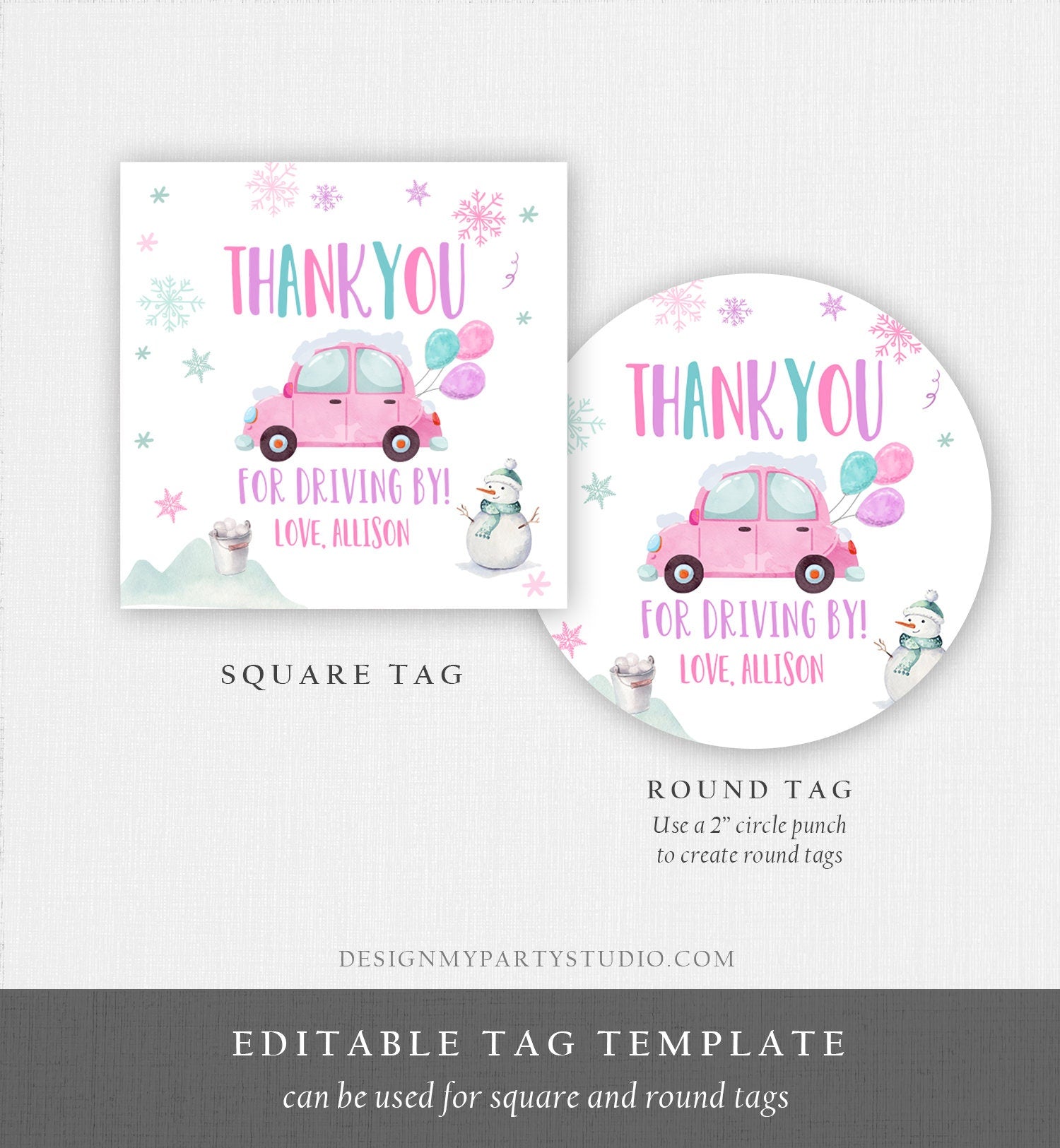 Editable Winter Drive By Favor Tag Drive By Birthday Party Parade Thank You Gift Tags Round Square Pink Girl Corjl Template Printable 0333
