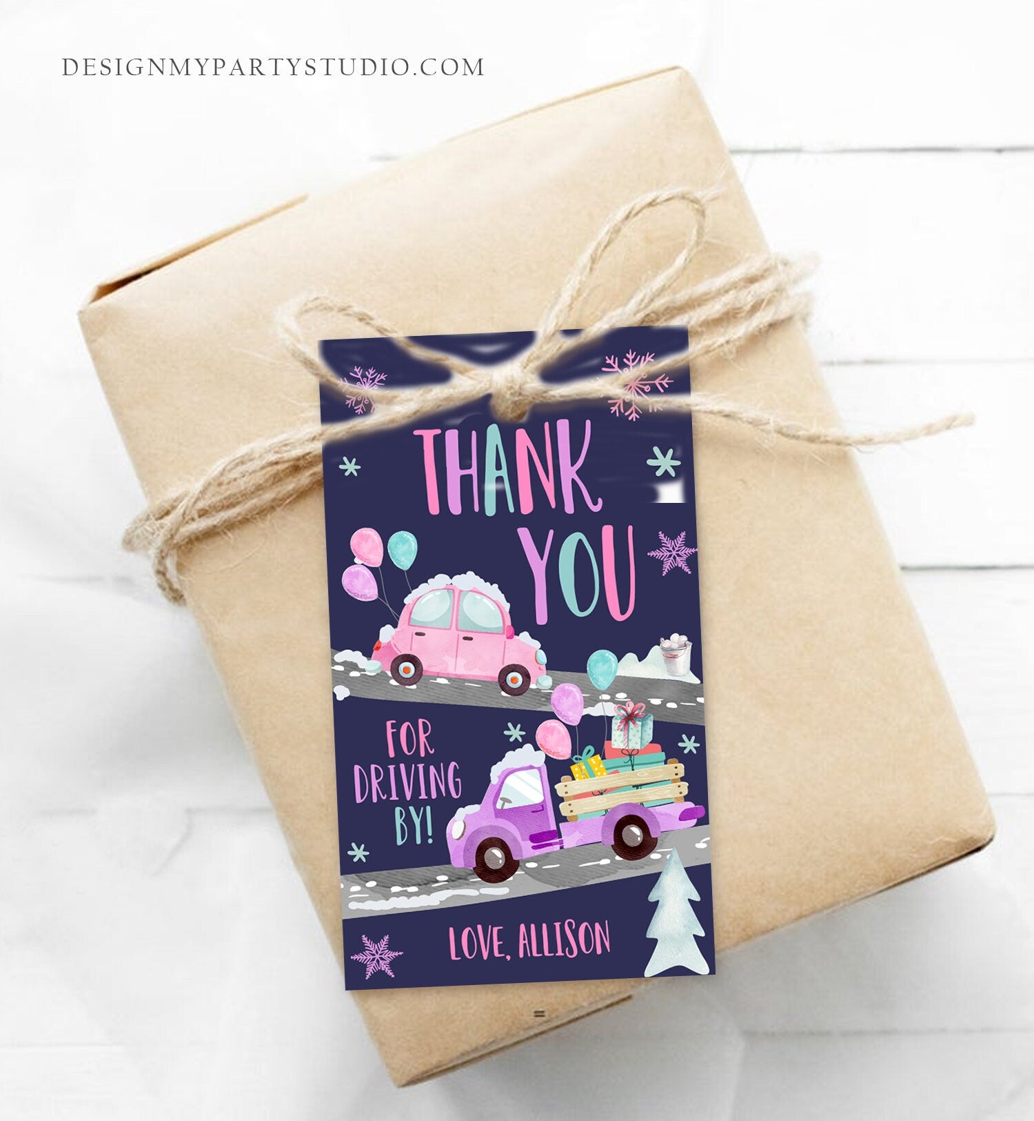 Editable Winter Drive By Favor Tag Drive By Birthday Party Parade Thank You Gift Tags Through Pink Girl Corjl Template Printable 0333