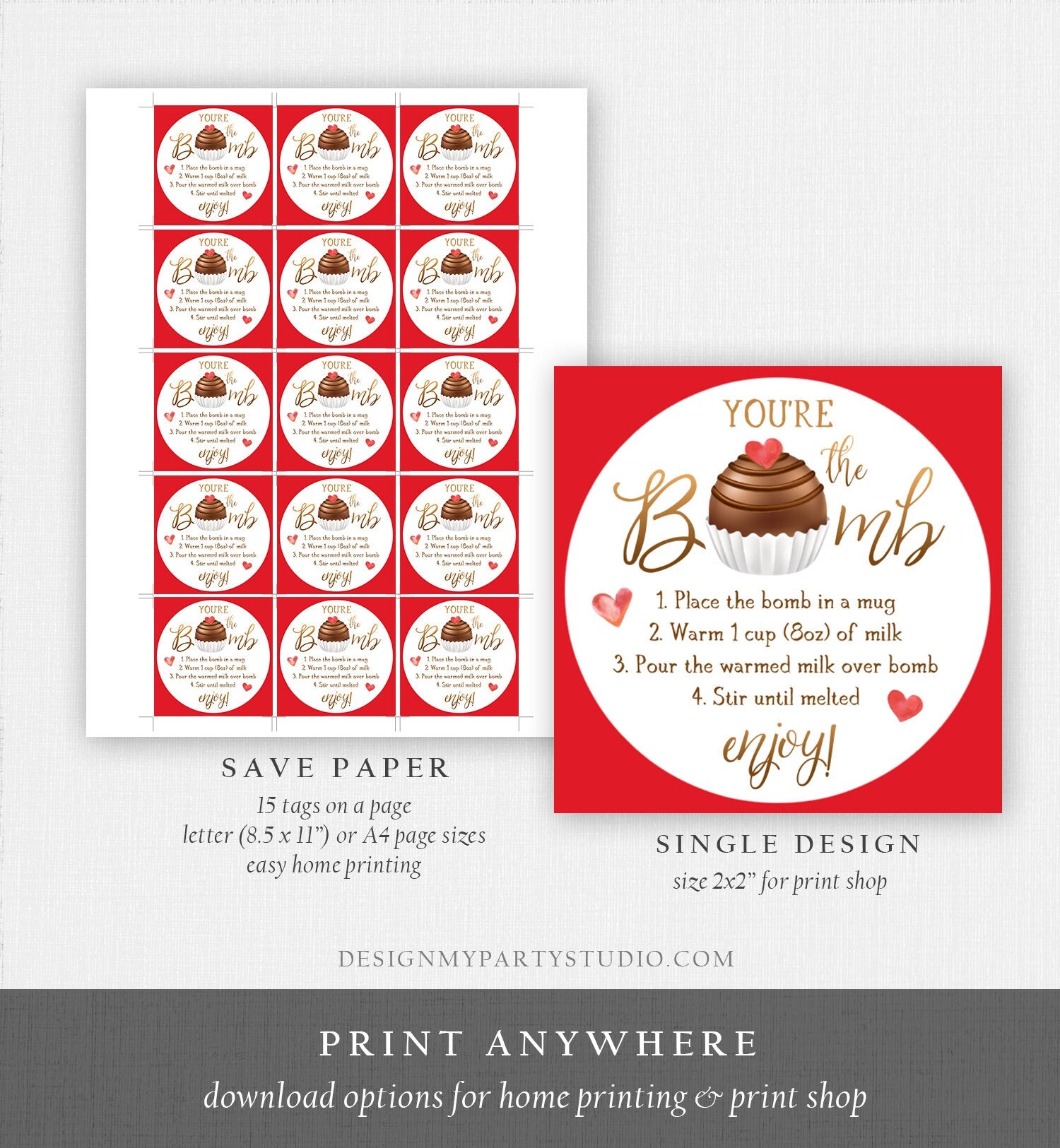 Editable Hot Chocolate Bomb Tag Valentine's Day Hot Cocoa Bomb You're The Bomb Heart Pink Valentine Gift Tag Digital Download Printable 0370