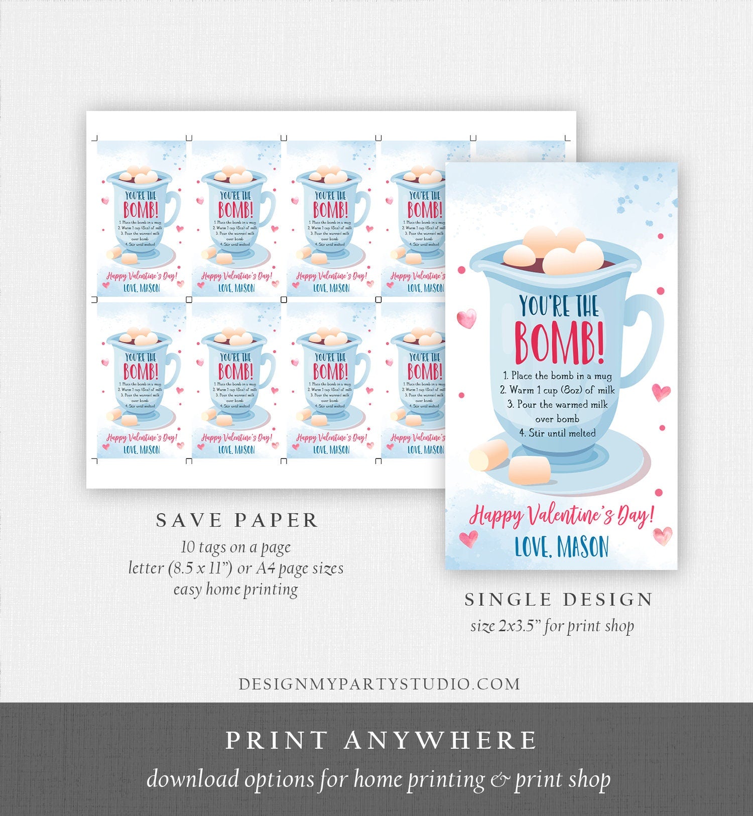 Editable Hot Chocolate Bomb Tag Valentine's Day Hot Cocoa Bomb You're The Bomb Heart Pink Valentine Gift Tag Digital Download Printable 0370