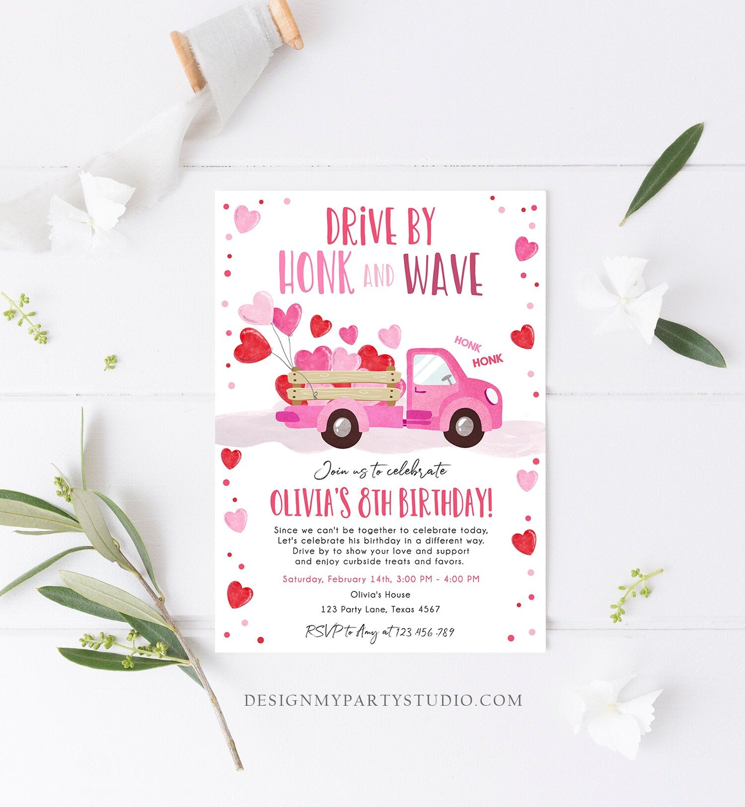 Editable Little Sweetheart Drive By Birthday Invitation Valentine Girl Hearts Pink Drive Through First 1st Corjl Template Printable 0365