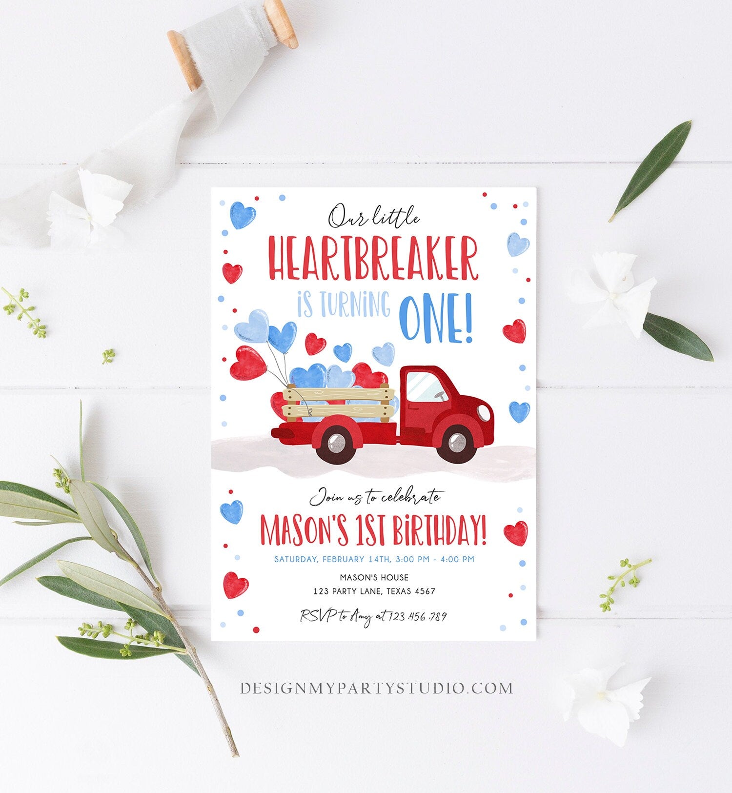 Editable Little Heartbreaker Birthday Invitation Valentine Boy Sweetheart Red Blue First Birthday 1st Download Corjl Template Printable 0365