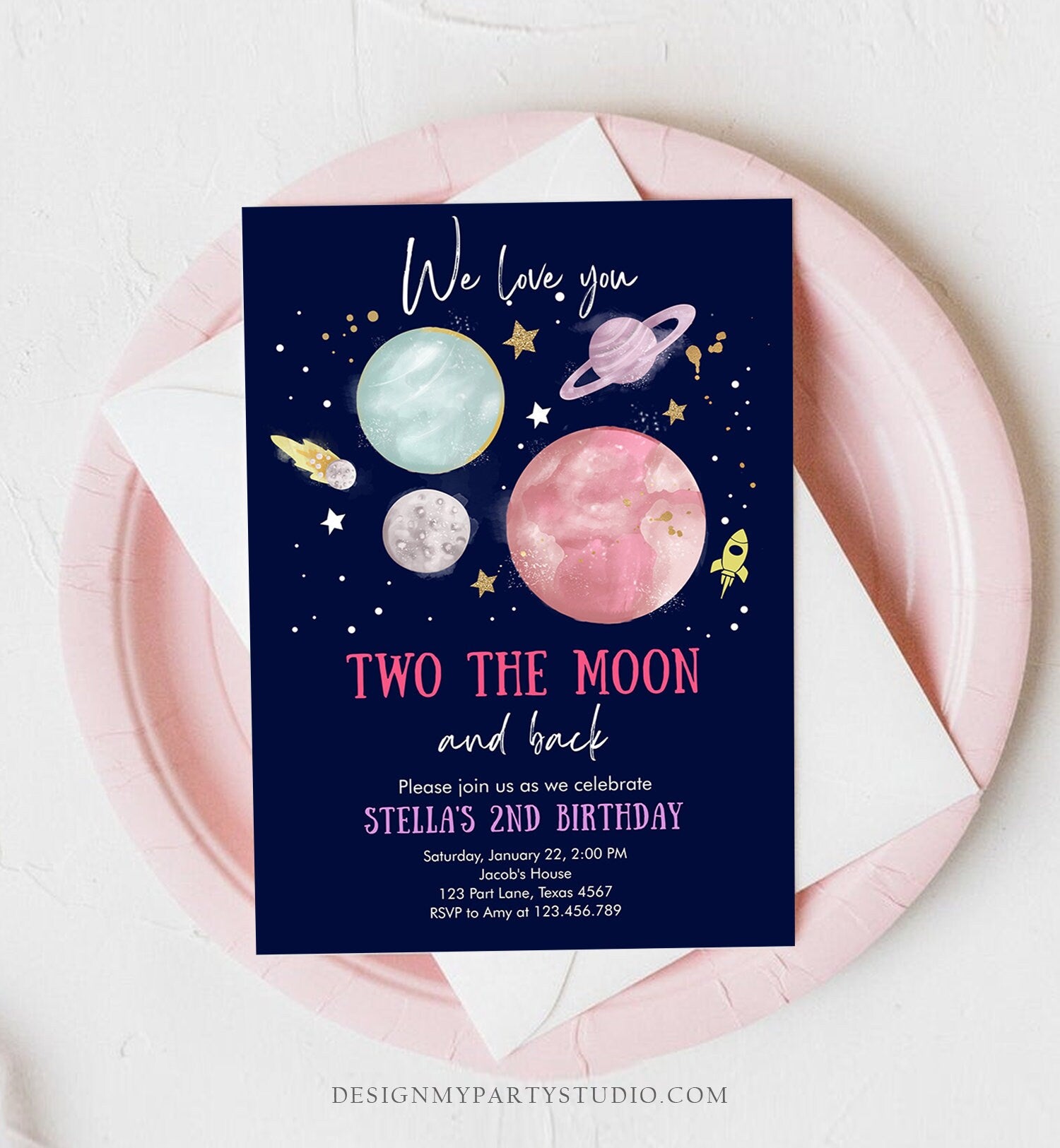 Editable Two the Moon 2nd Birthday Invitation Girl Pink Space Love you Two the moon Galaxy Download Printable Template Digital Corjl 0357