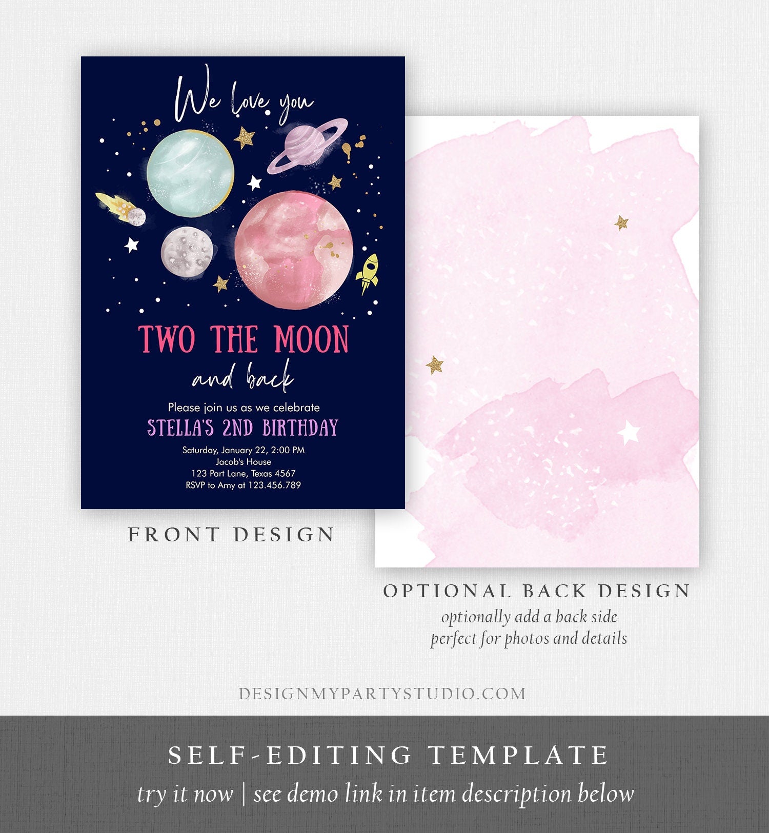 Editable Two the Moon 2nd Birthday Invitation Girl Pink Space Love you Two the moon Galaxy Download Printable Template Digital Corjl 0357