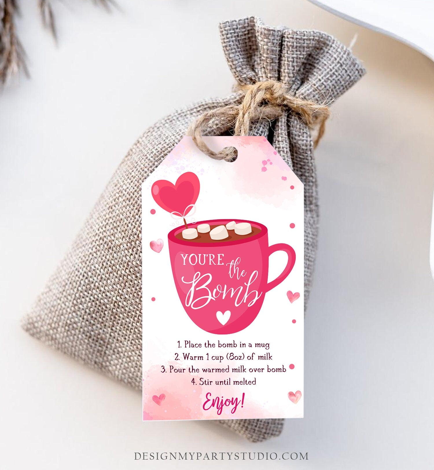 Editable Hot Chocolate Bomb Tag Valentine's Day Hot Cocoa Bomb You're The Bomb Heart Pink Valentine Gift Tag Digital Download Printable 0370